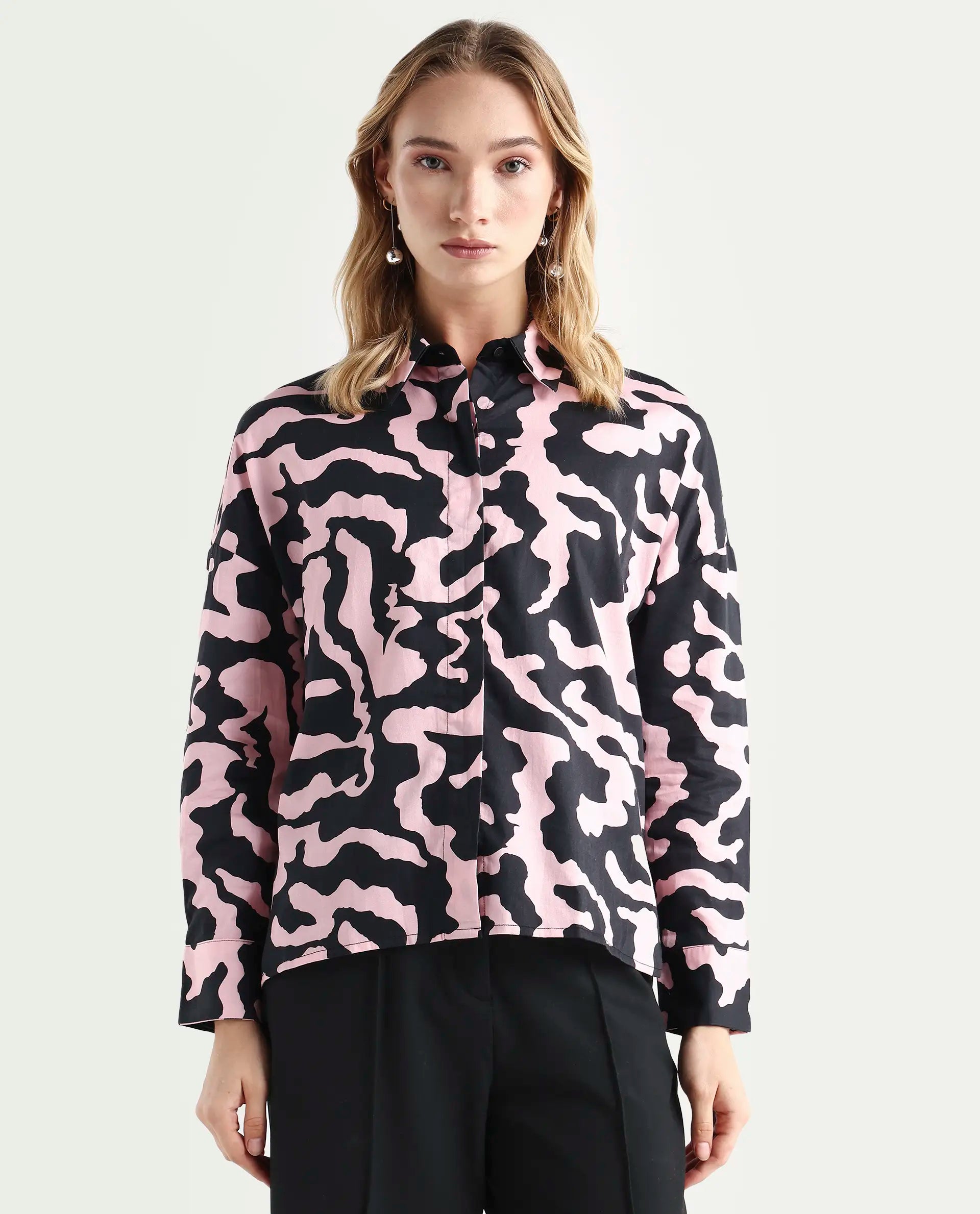 Rareism Women's Revolt Black Cotton Blend Collarless Abstract Print Regular Fit Top