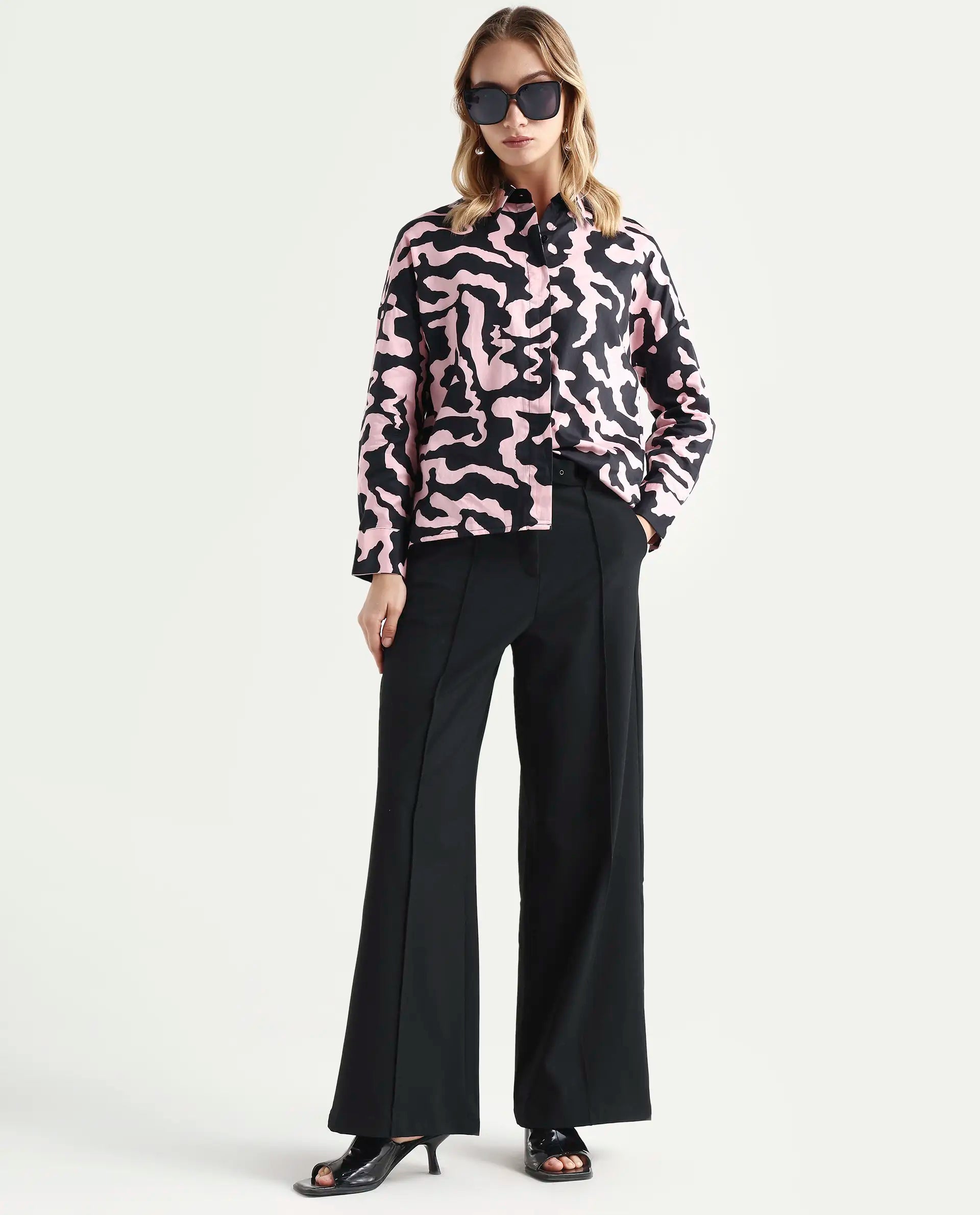 Rareism Women's Revolt Black Cotton Blend Collarless Abstract Print Regular Fit Top