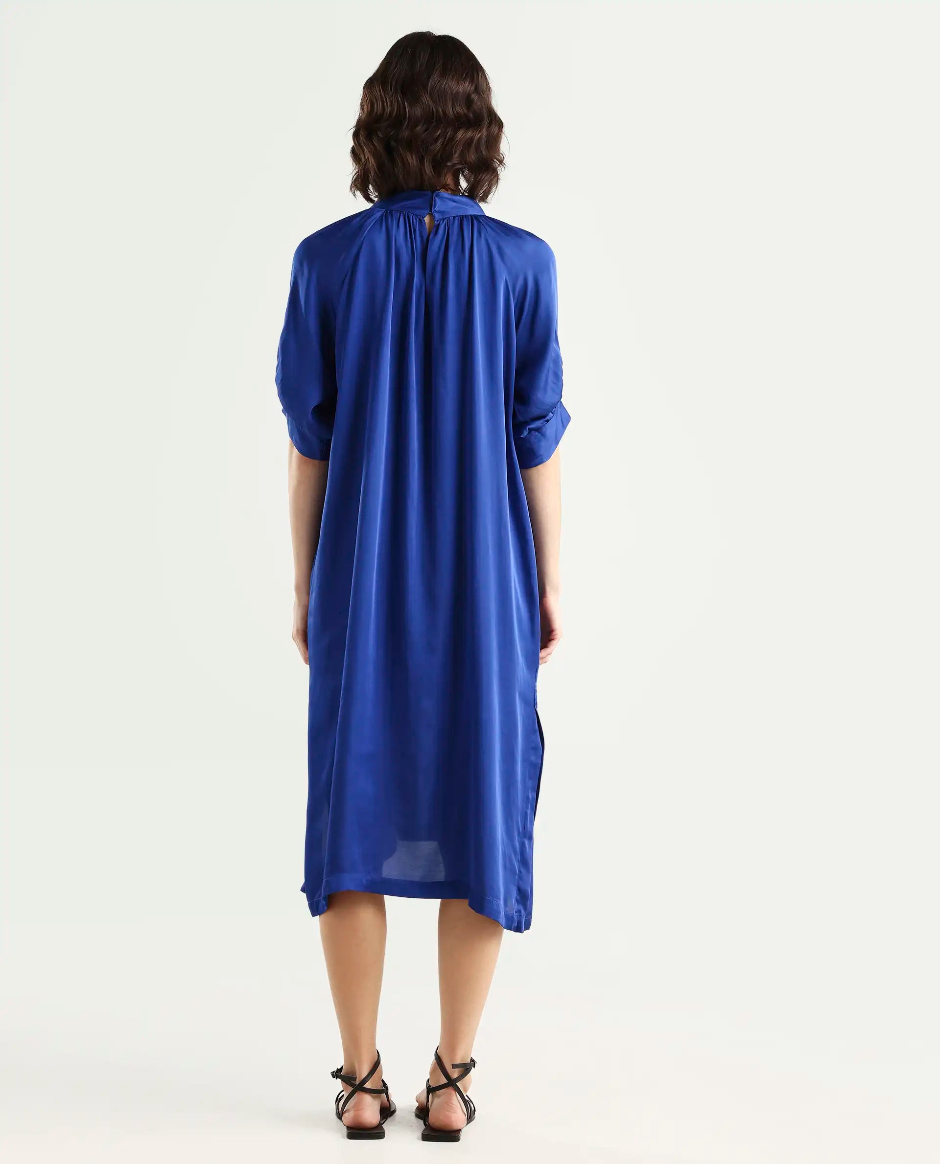 Rareism Women's Shiver Blue Modal Blend Sweetheart Neck Plain Puff Sleeves Midi Regular Fit Dress