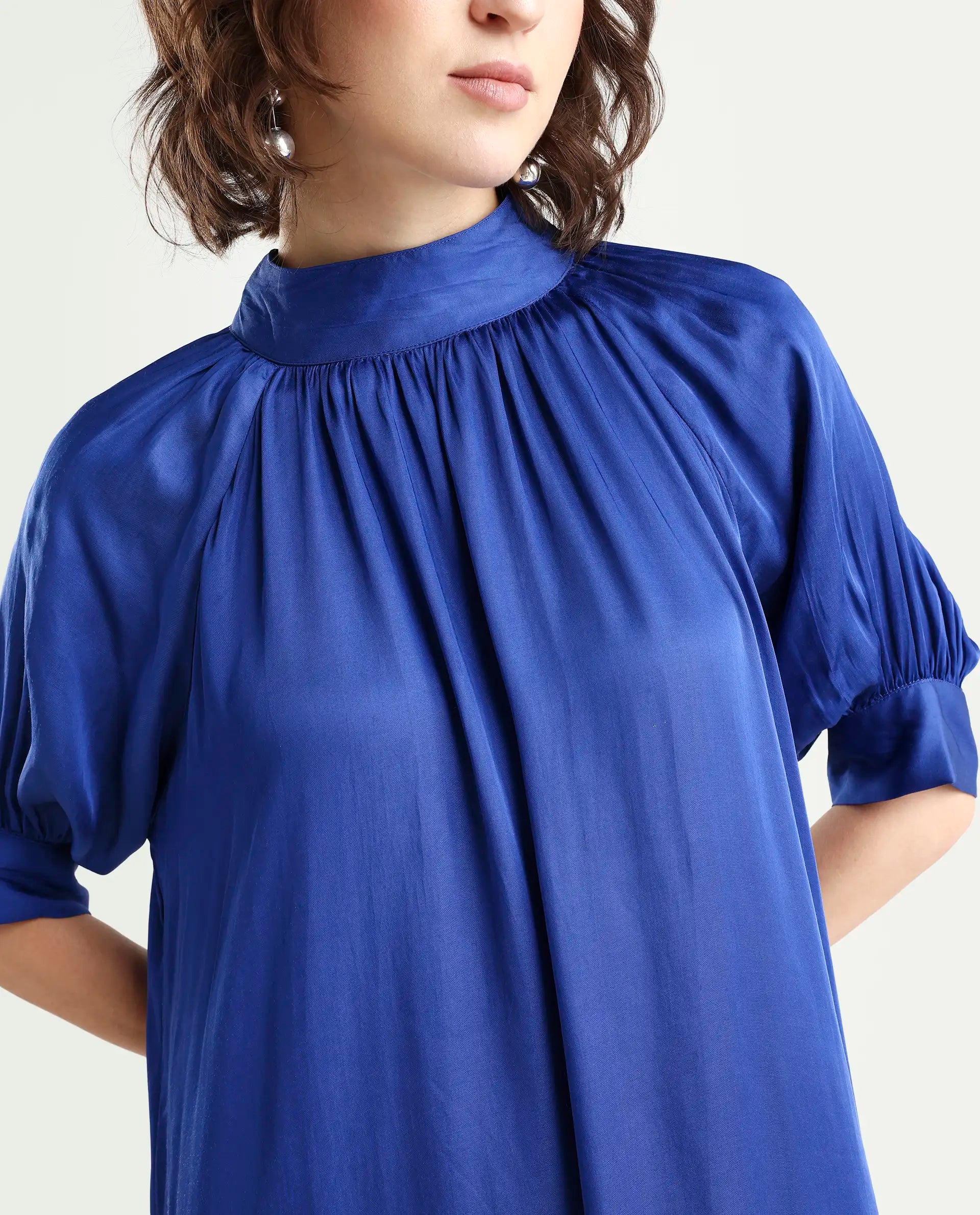 Rareism Women's Shiver Blue Modal Blend Sweetheart Neck Plain Puff Sleeves Midi Regular Fit Dress