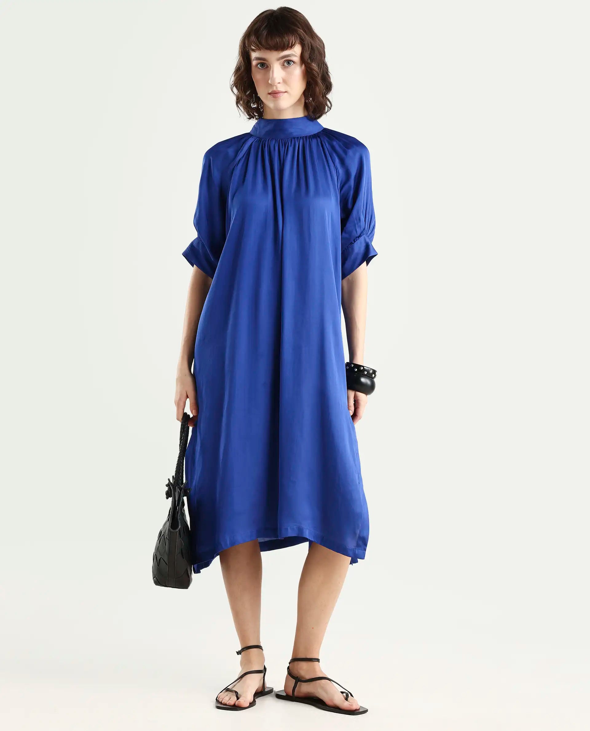 Rareism Women's Shiver Blue Modal Blend Sweetheart Neck Plain Puff Sleeves Midi Regular Fit Dress