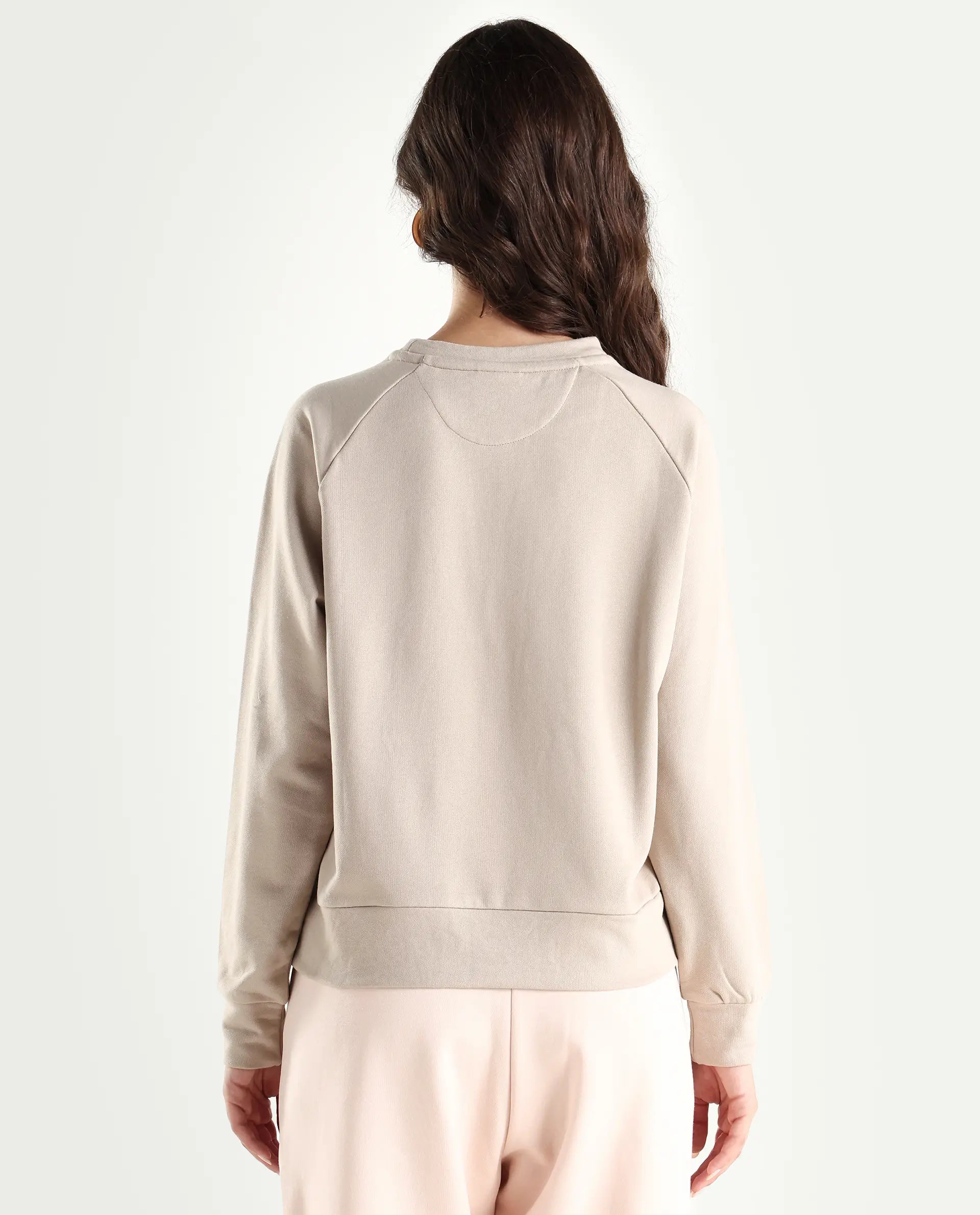 Rareism Women's Medium Weight Terry 290 Gsm Cotton Blend Crew Neck Plain Cuffed Sleeve Relaxed Fit Sweatshirt