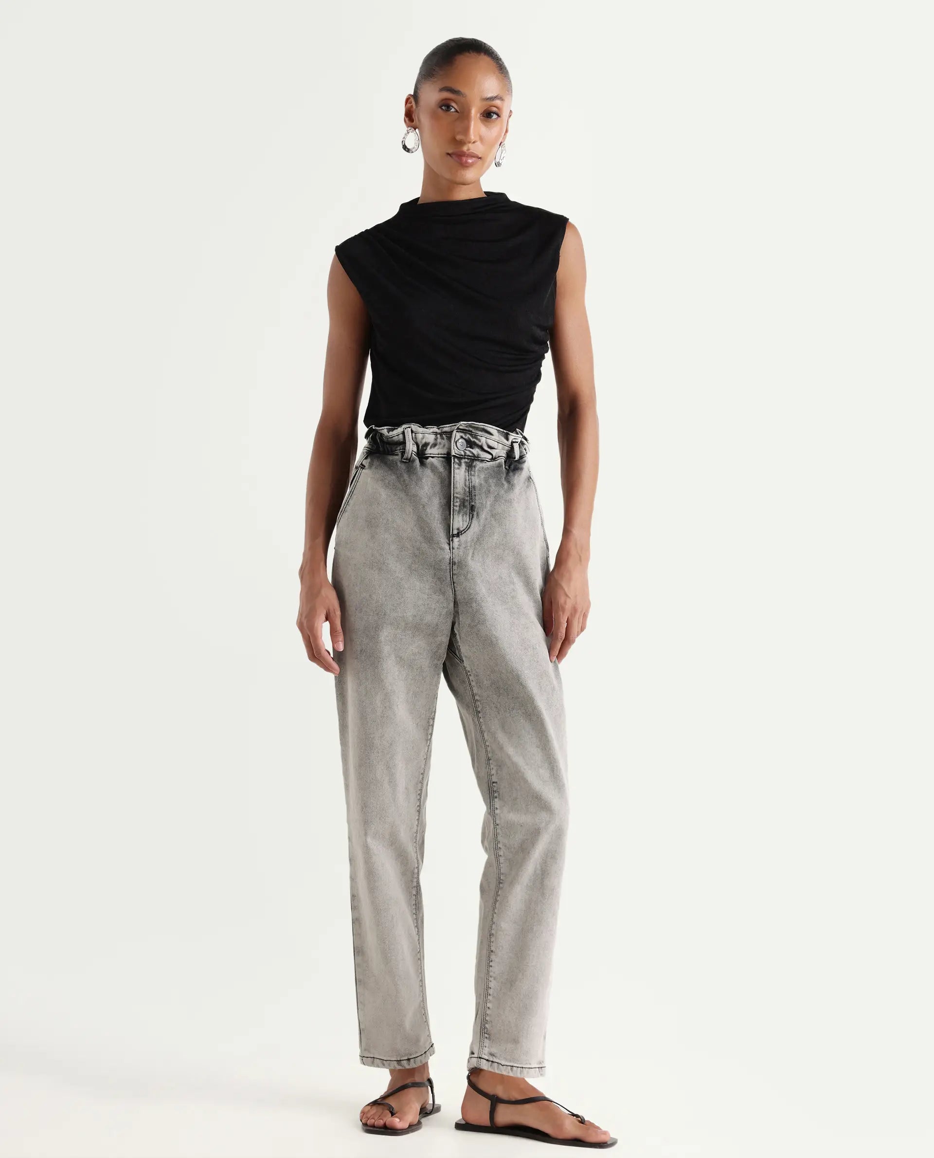 Rareism Women's Birdwing Black Cotton Blend Plain Ankle Length Tailored Jeans