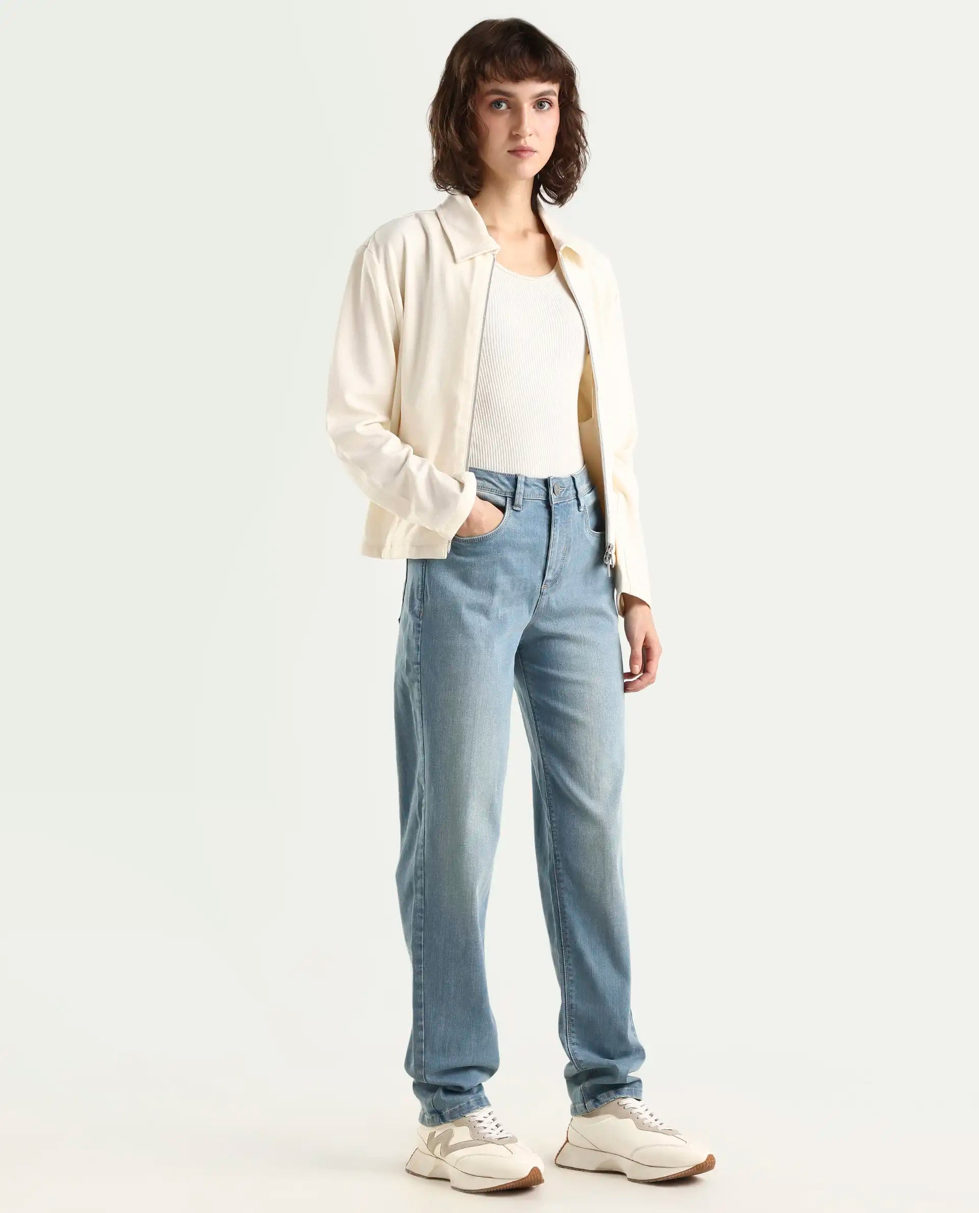 Rareism Women's Pipevine Blue Cotton Blend Plain Ankle Length Tailored Jeans