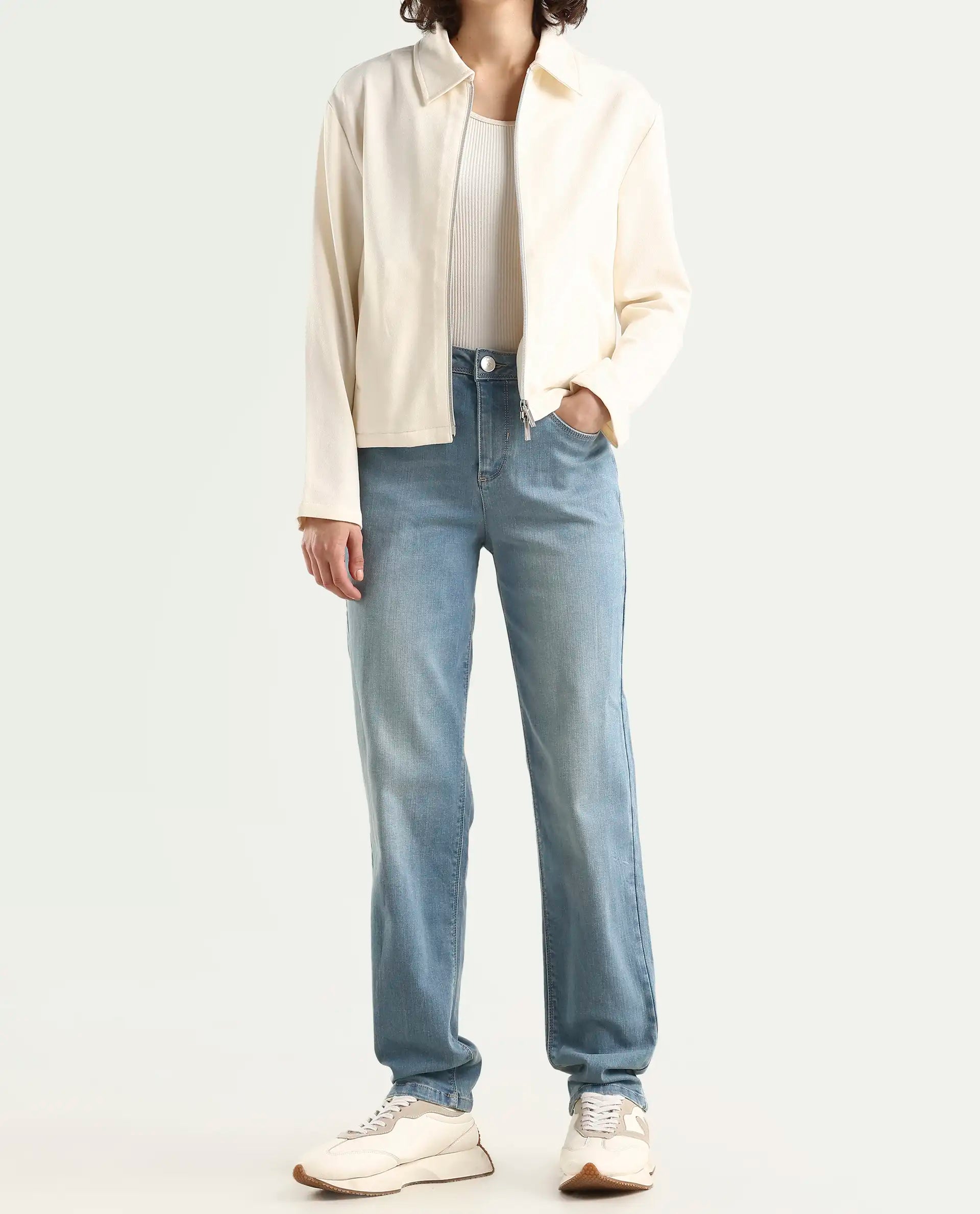 Rareism Women's Pipevine Blue Cotton Blend Plain Ankle Length Tailored Jeans