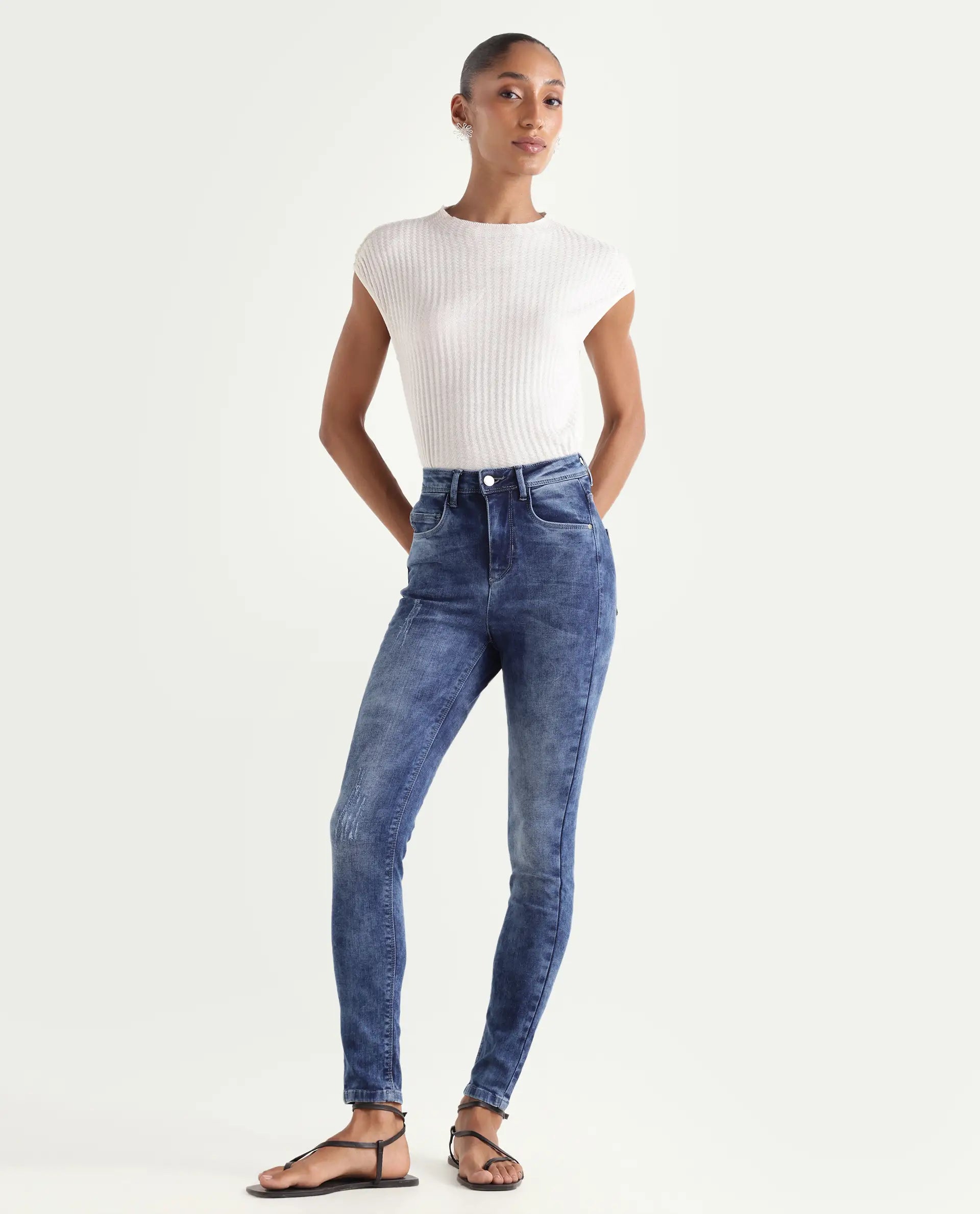 Rareism Women's Snowtail Blue Cotton Blend Plain Ankle Length Slim Fit Jeans