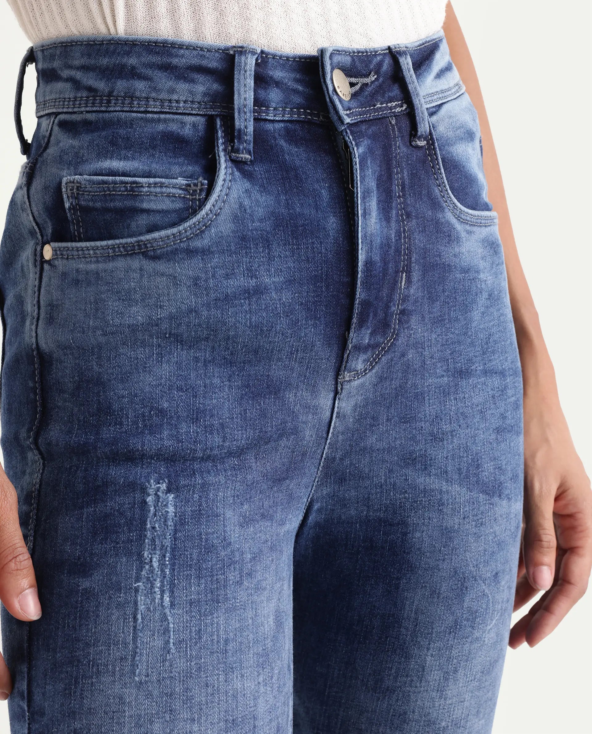 Rareism Women's Snowtail Blue Cotton Blend Plain Ankle Length Slim Fit Jeans
