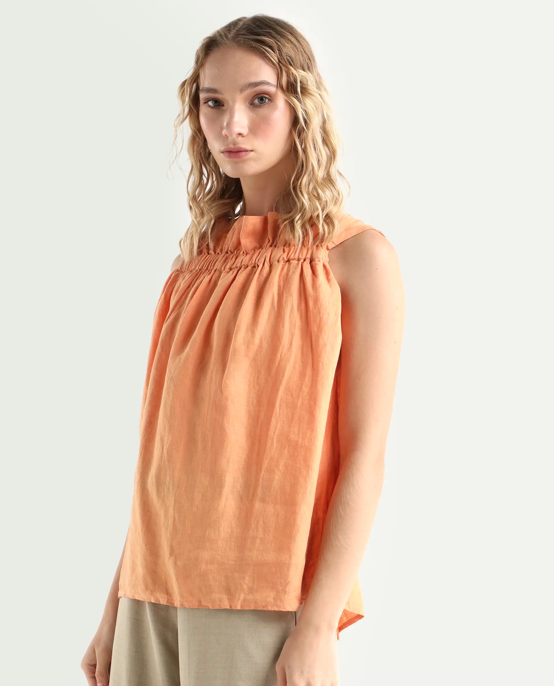 Rareism Women's Flash Orange Linen Sweetheart Neck Plain Sleeveless Knee Length Tailored Top