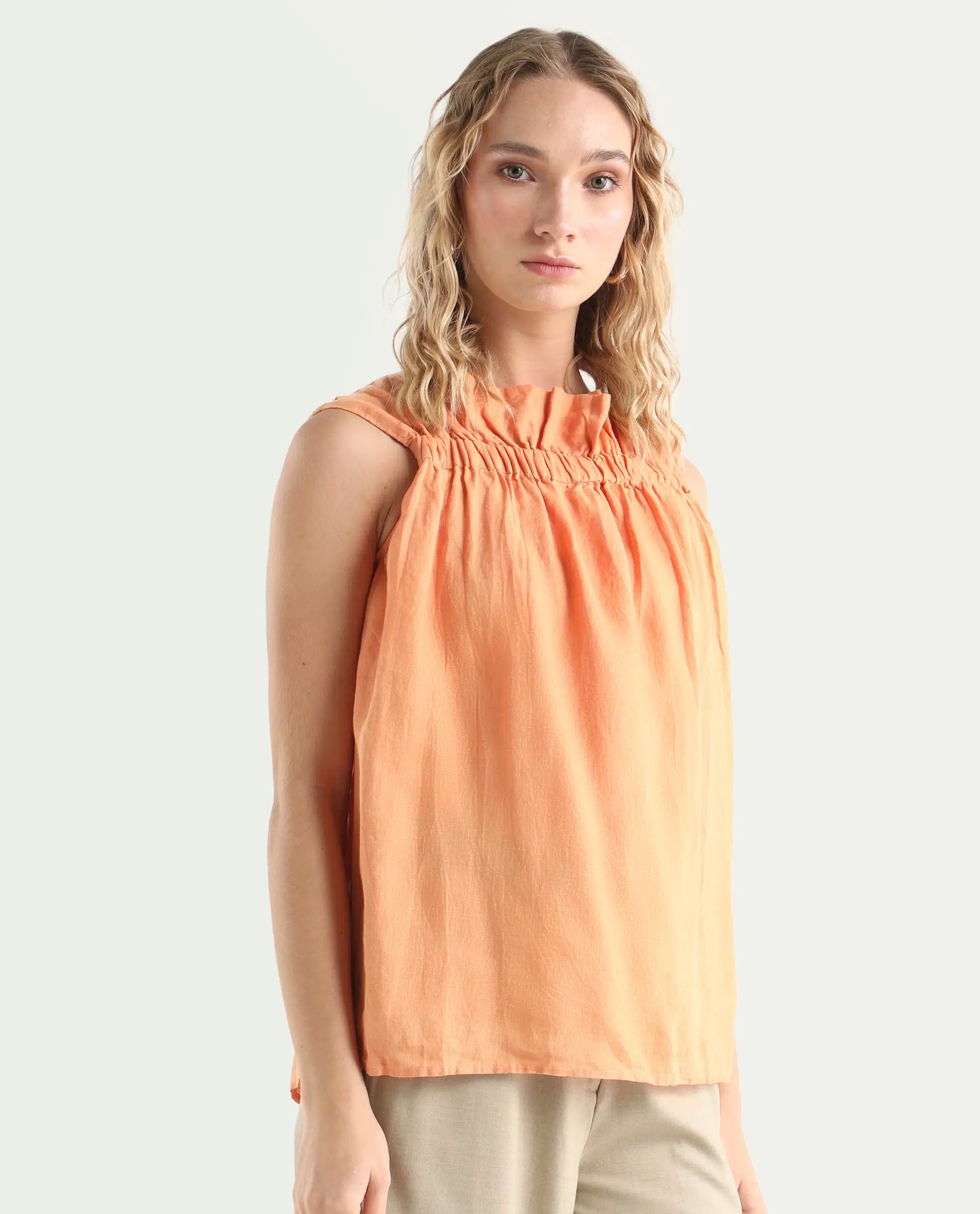 Rareism Women's Flash Orange Linen Sweetheart Neck Plain Sleeveless Knee Length Tailored Top
