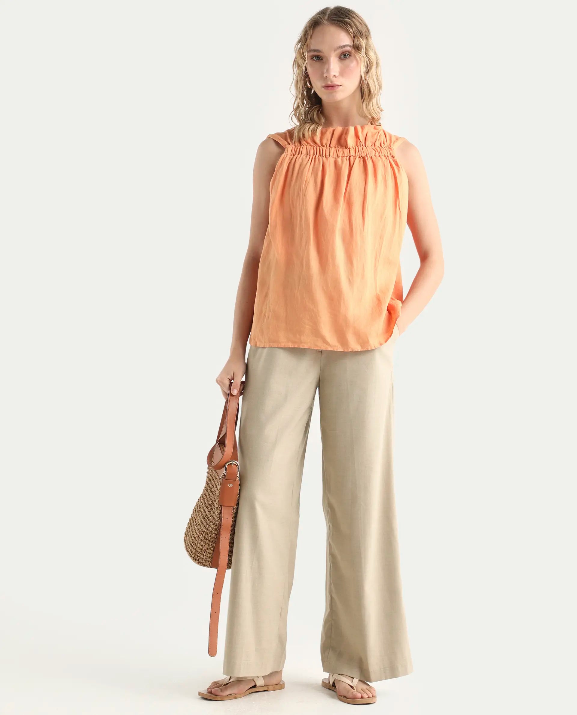 Rareism Women's Flash Orange Linen Sweetheart Neck Plain Sleeveless Knee Length Tailored Top