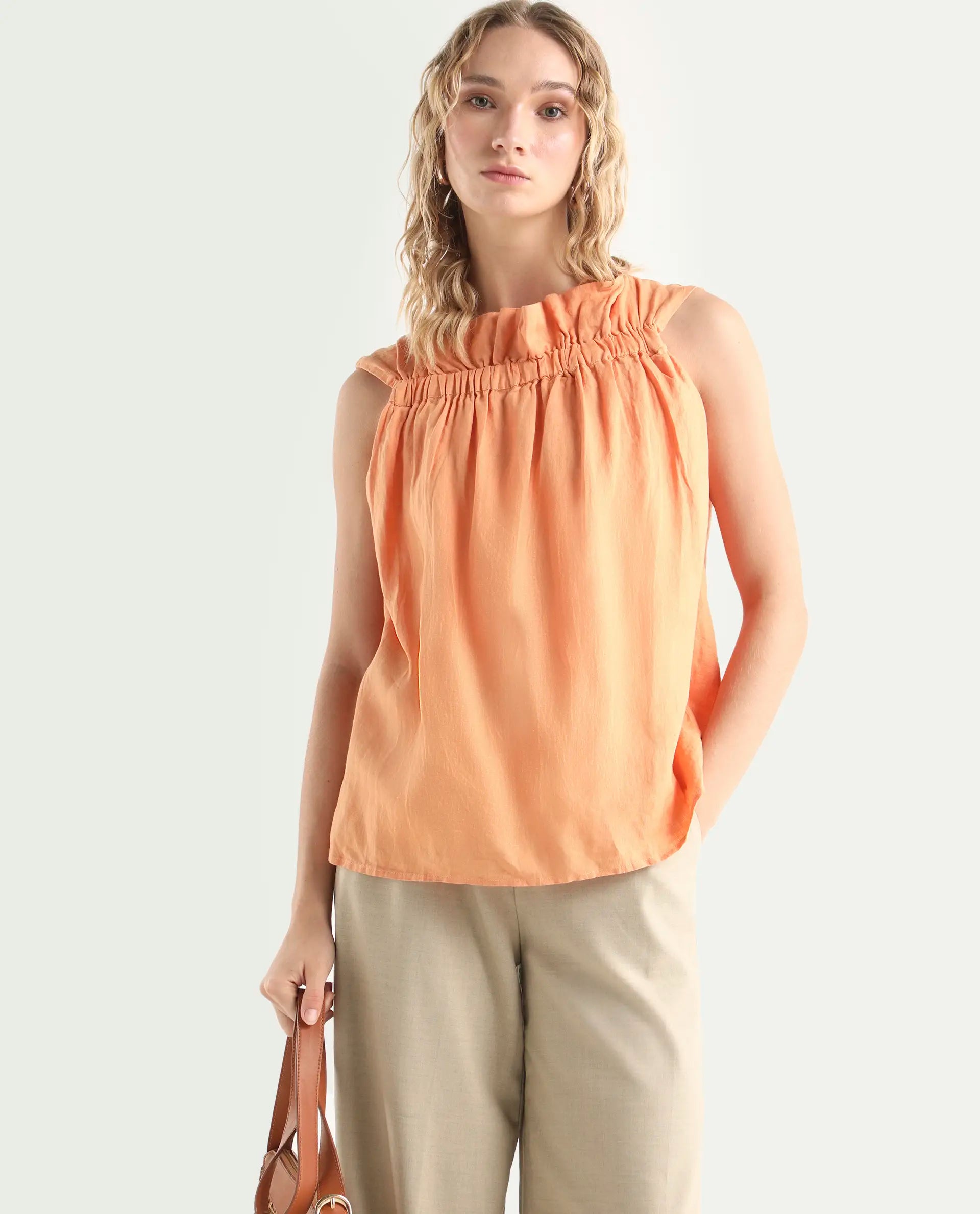 Rareism Women's Flash Orange Linen Sweetheart Neck Plain Sleeveless Knee Length Tailored Top
