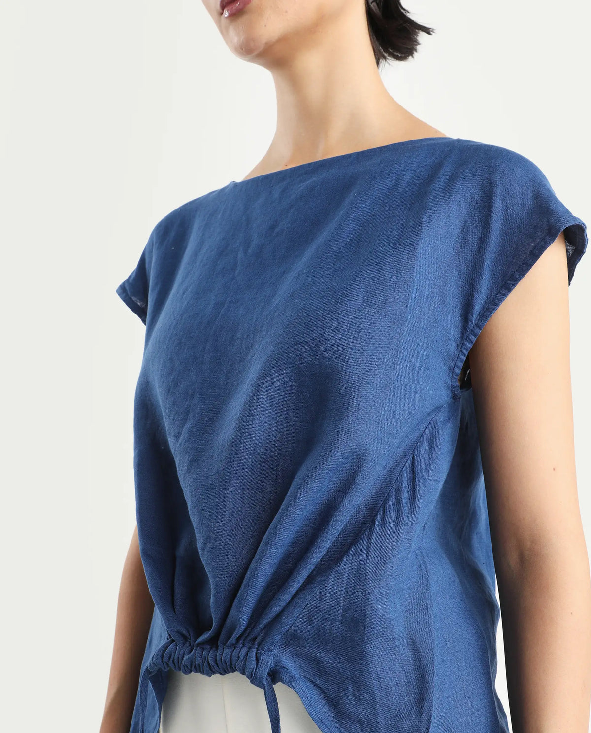 Rareism Women's Vita Blue Linen Boat Neck Plain Extended Sleeves Regular Fit Top