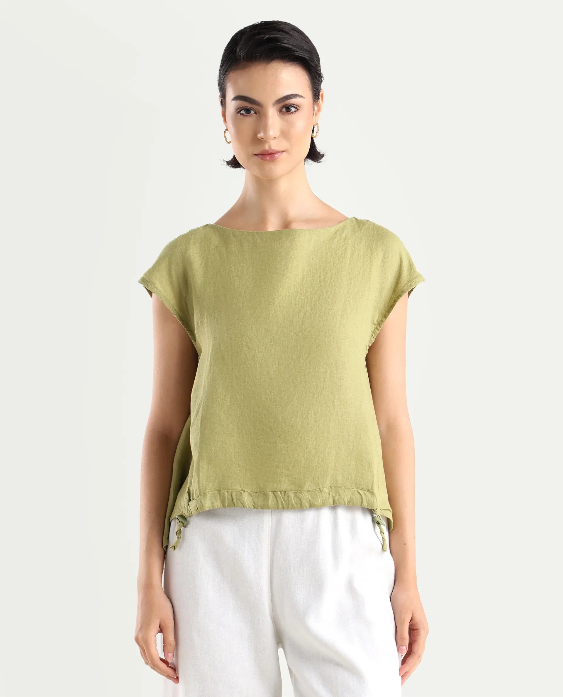 Rareism Women's Vita Green Linen Boat Neck Plain Extended Sleeves Regular Fit Top