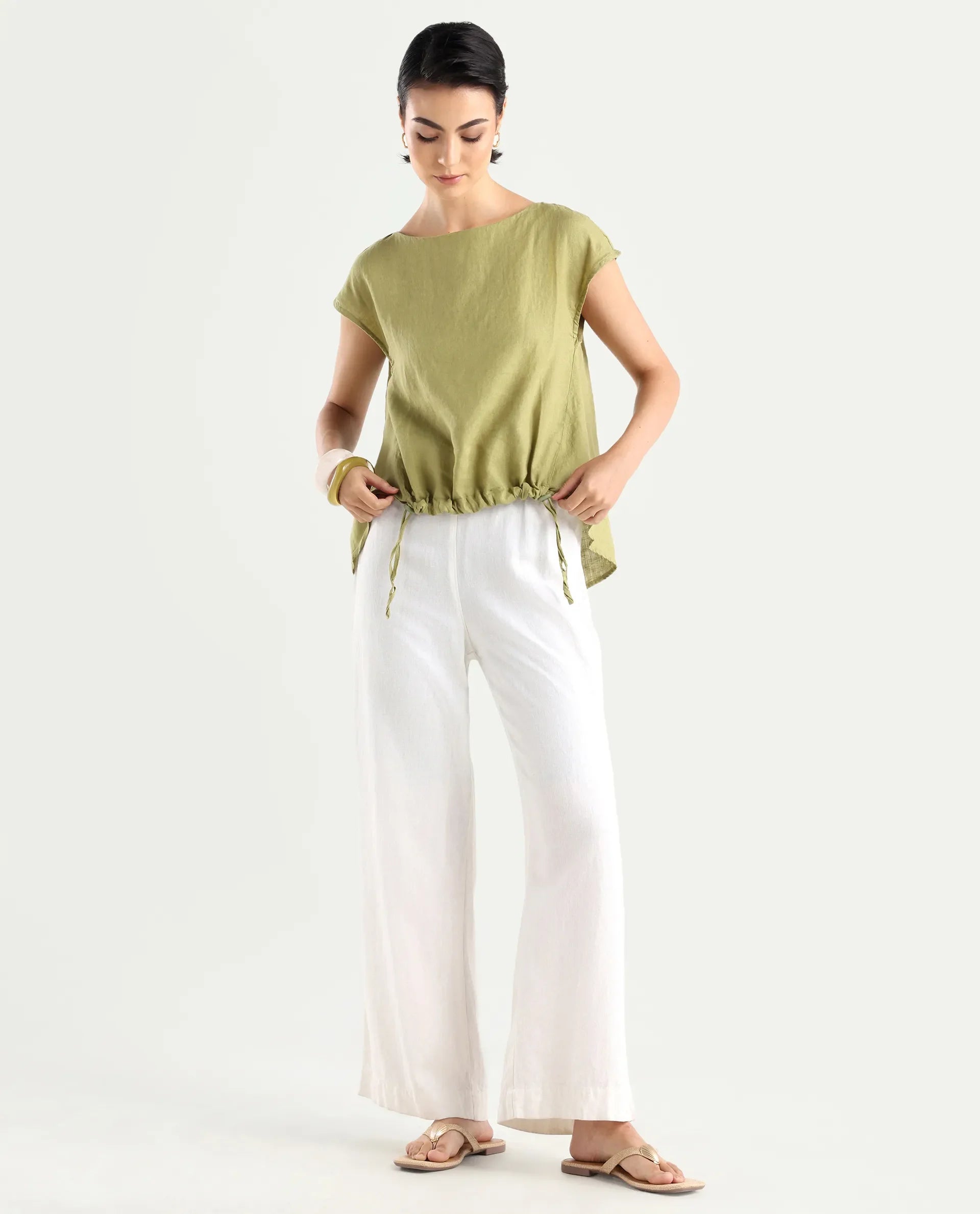 Rareism Women's Vita Green Linen Boat Neck Plain Extended Sleeves Regular Fit Top