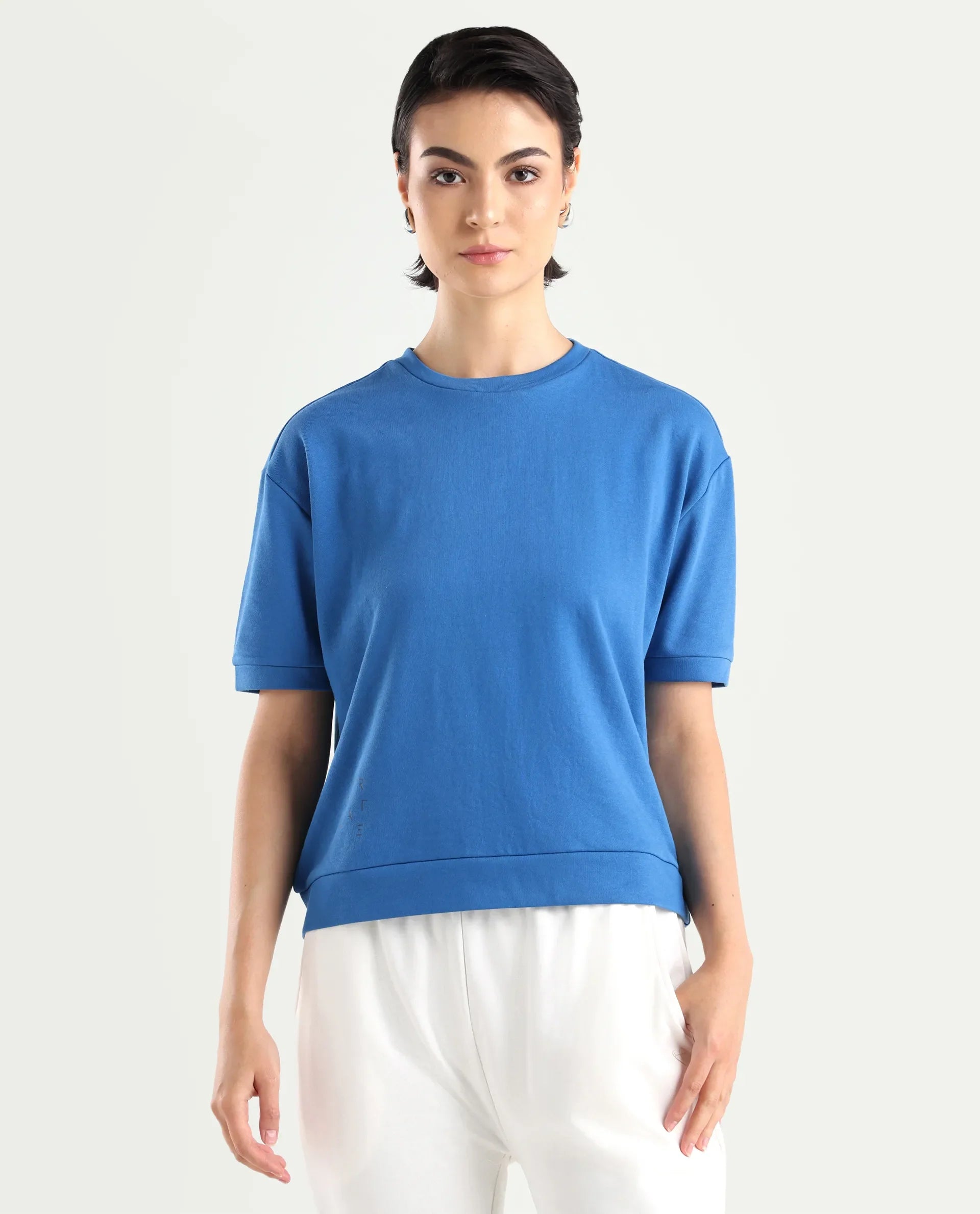 Rareism Women's Medium Weight Terry 290 Gsm Cotton Crew Neck Plain Relaxed Fit Sweat Tee