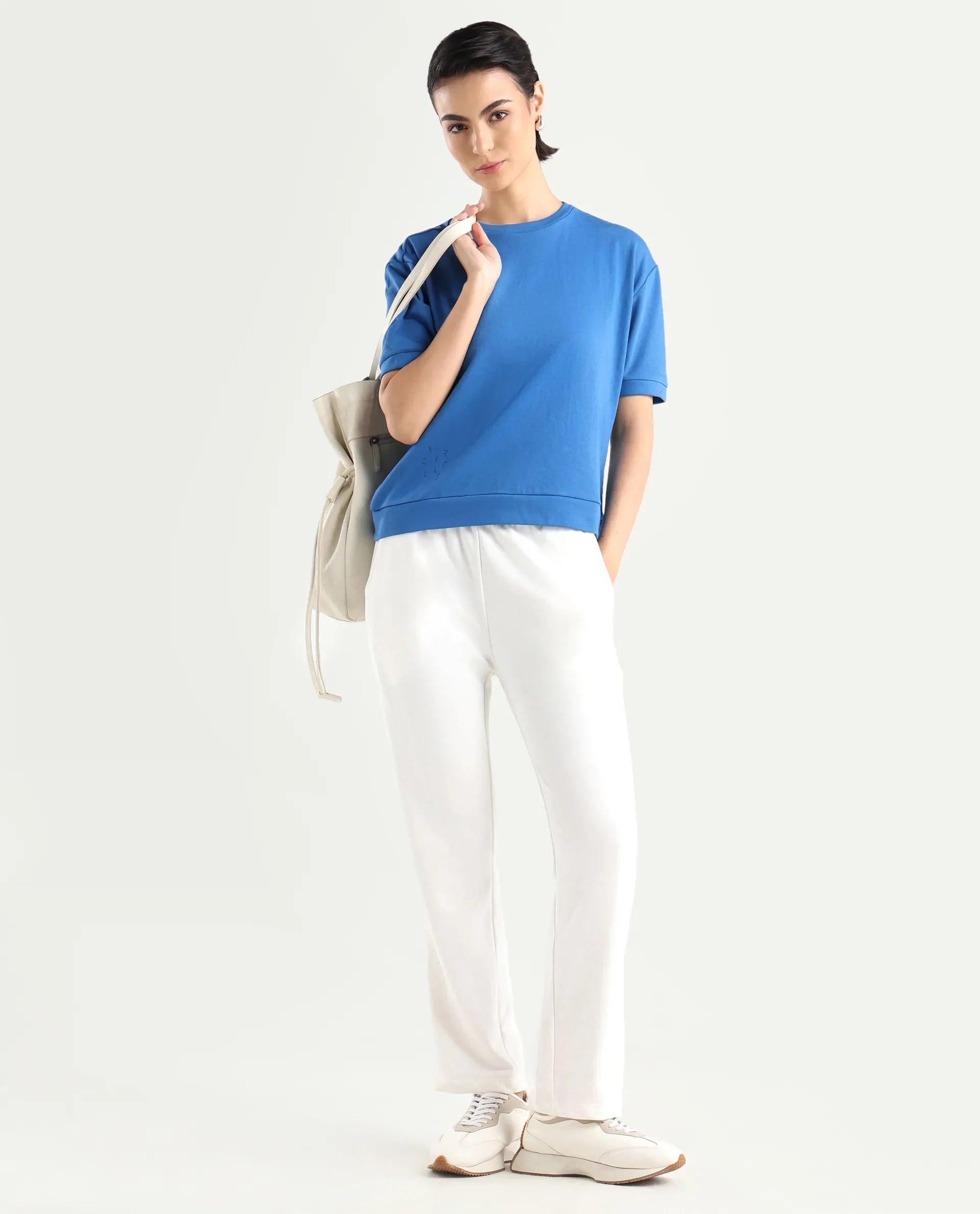 Rareism Women's Medium Weight Terry 290 Gsm Cotton Crew Neck Plain Relaxed Fit Sweat Tee