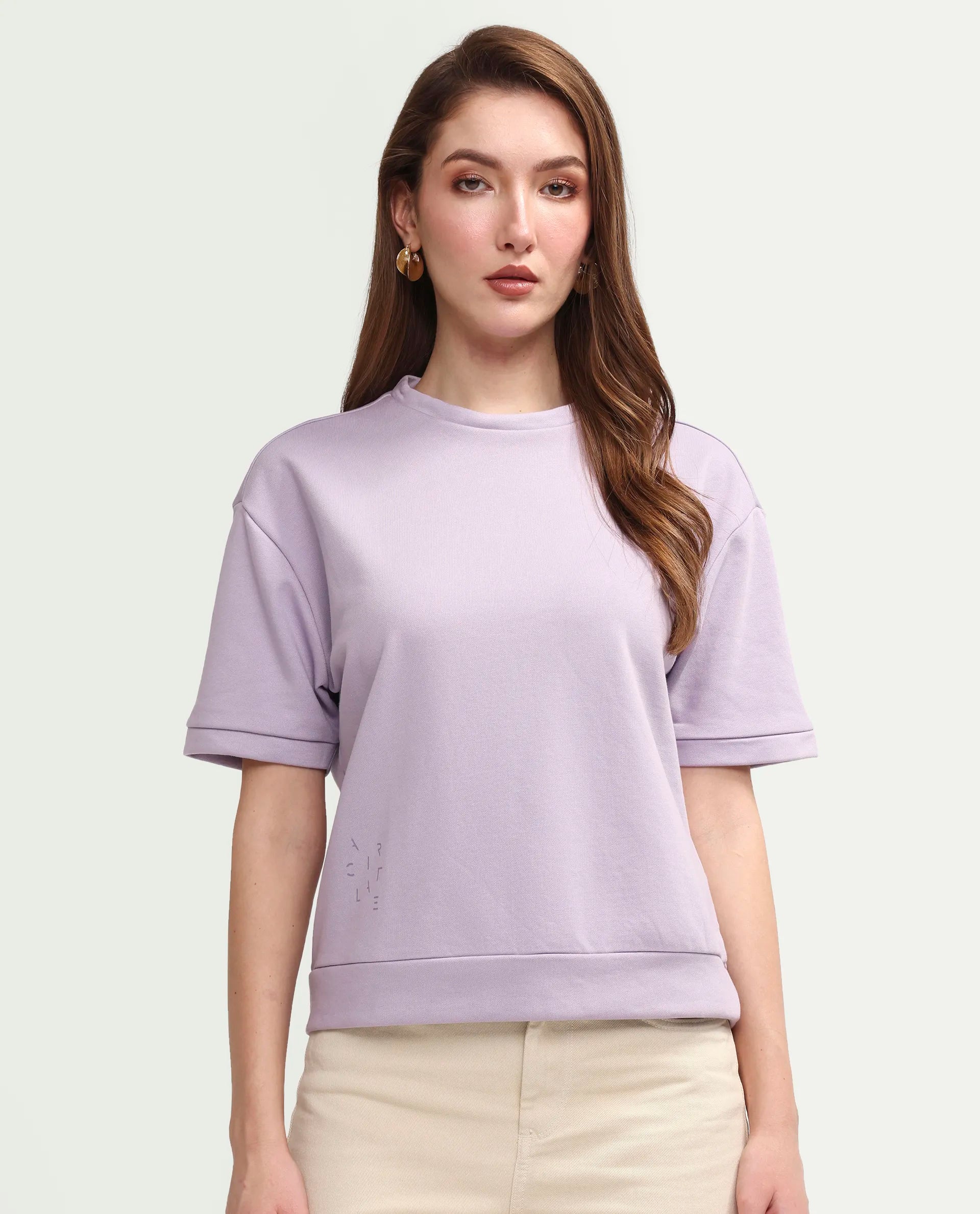 Rareism Women's Medium Weight Terry 290 Gsm Cotton Crew Neck Plain Relaxed Fit Sweat Tee