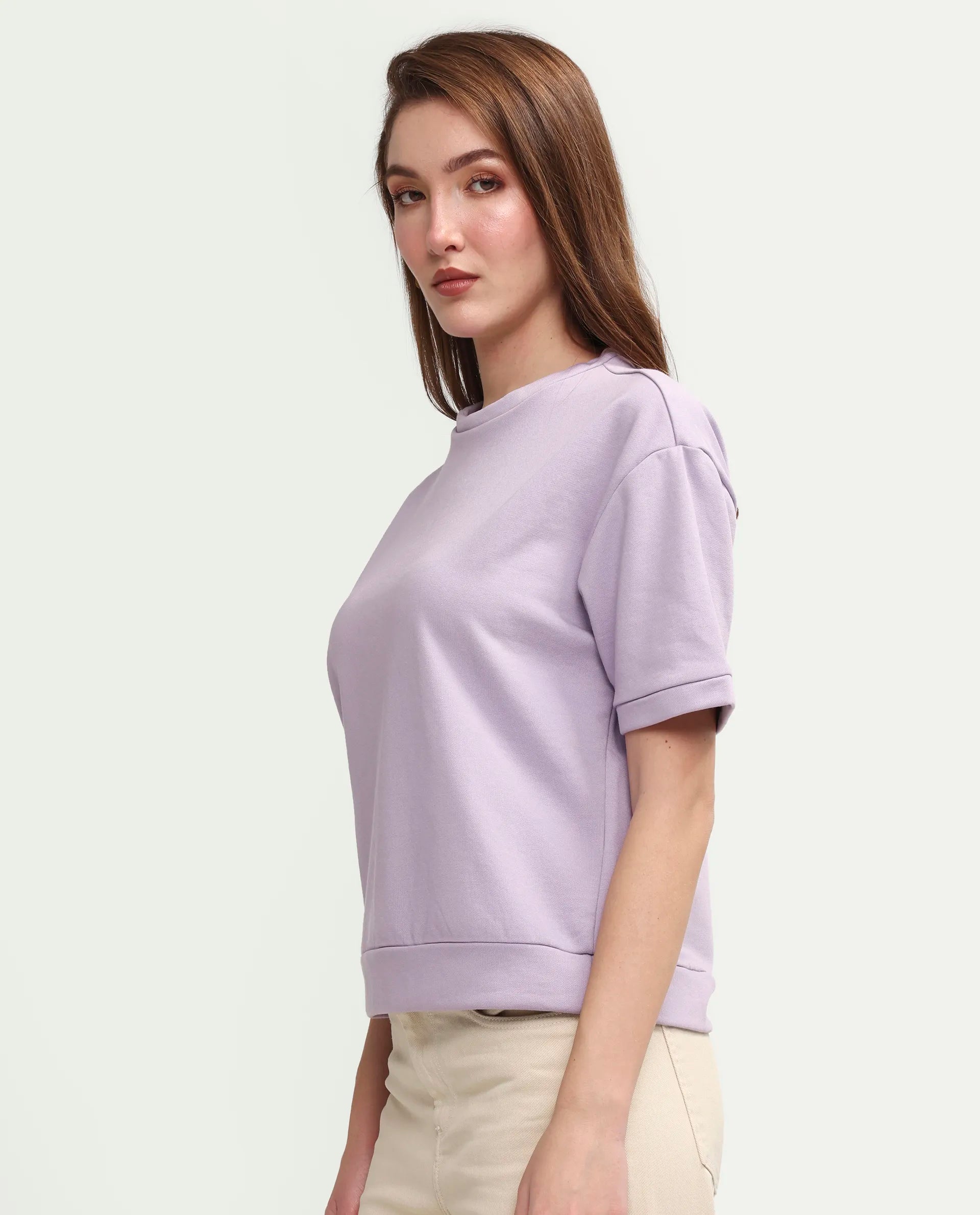 Rareism Women's Medium Weight Terry 290 Gsm Cotton Crew Neck Plain Relaxed Fit Sweat Tee