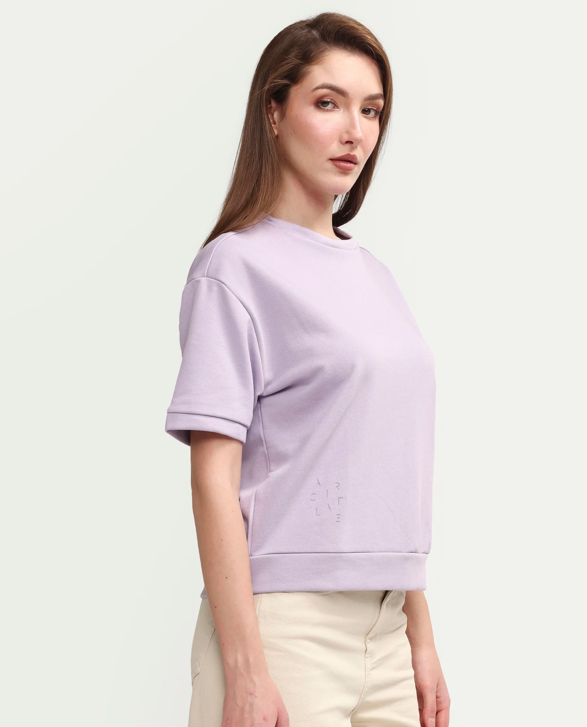 Rareism Women's Medium Weight Terry 290 Gsm Cotton Crew Neck Plain Relaxed Fit Sweat Tee