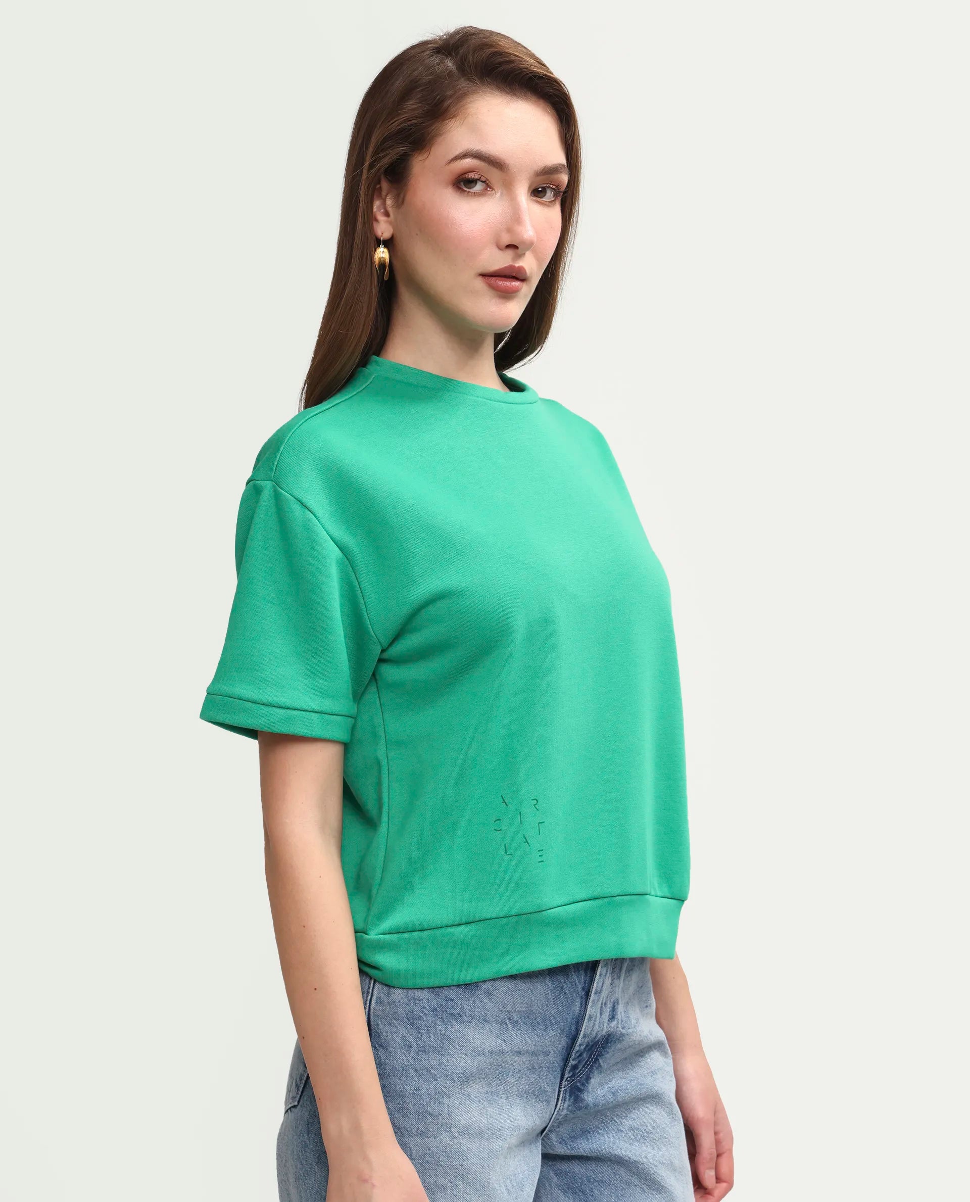 Rareism Women's Medium Weight Terry 290 Gsm Cotton Crew Neck Plain Relaxed Fit Sweat Tee