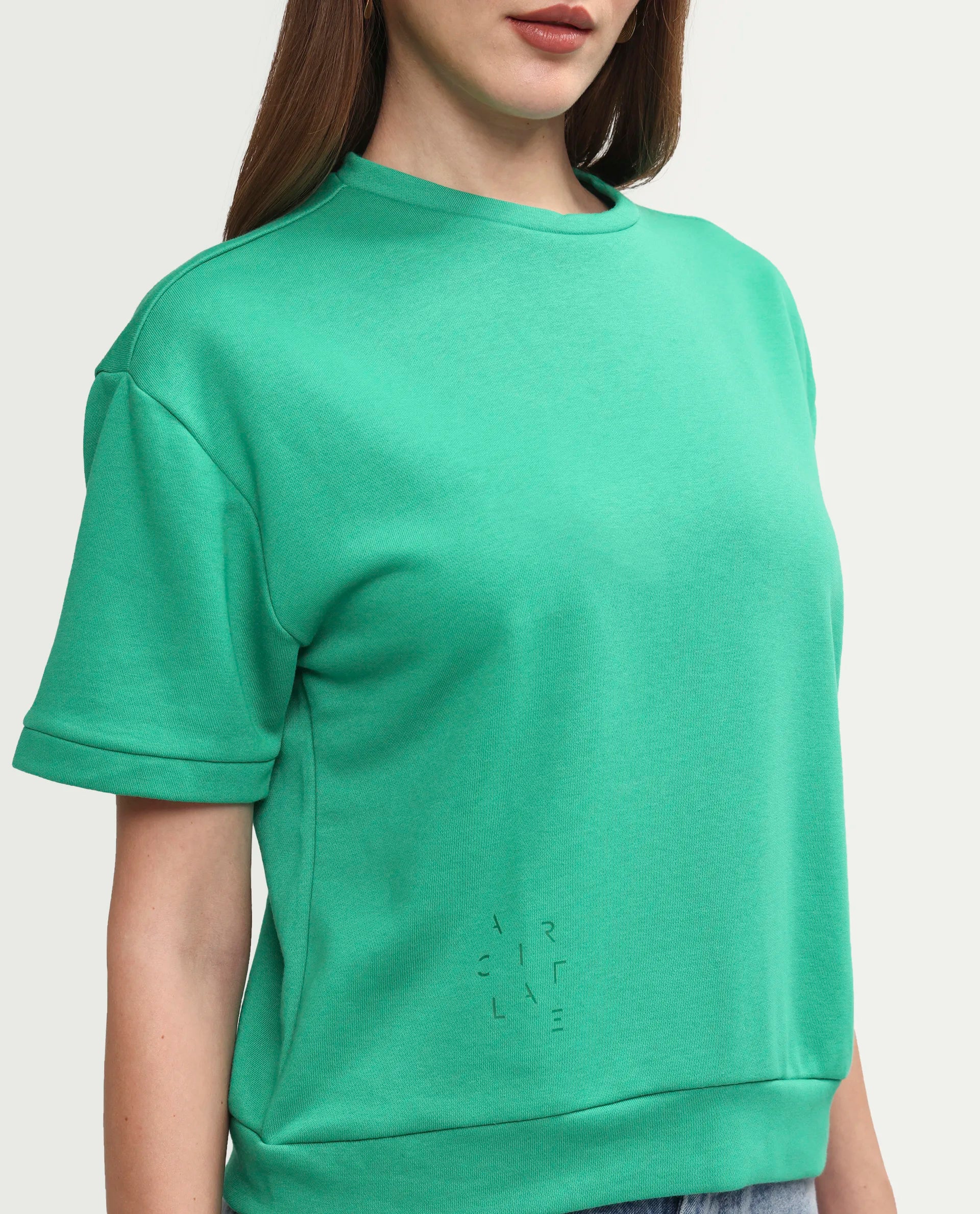 Rareism Women's Medium Weight Terry 290 Gsm Cotton Crew Neck Plain Relaxed Fit Sweat Tee