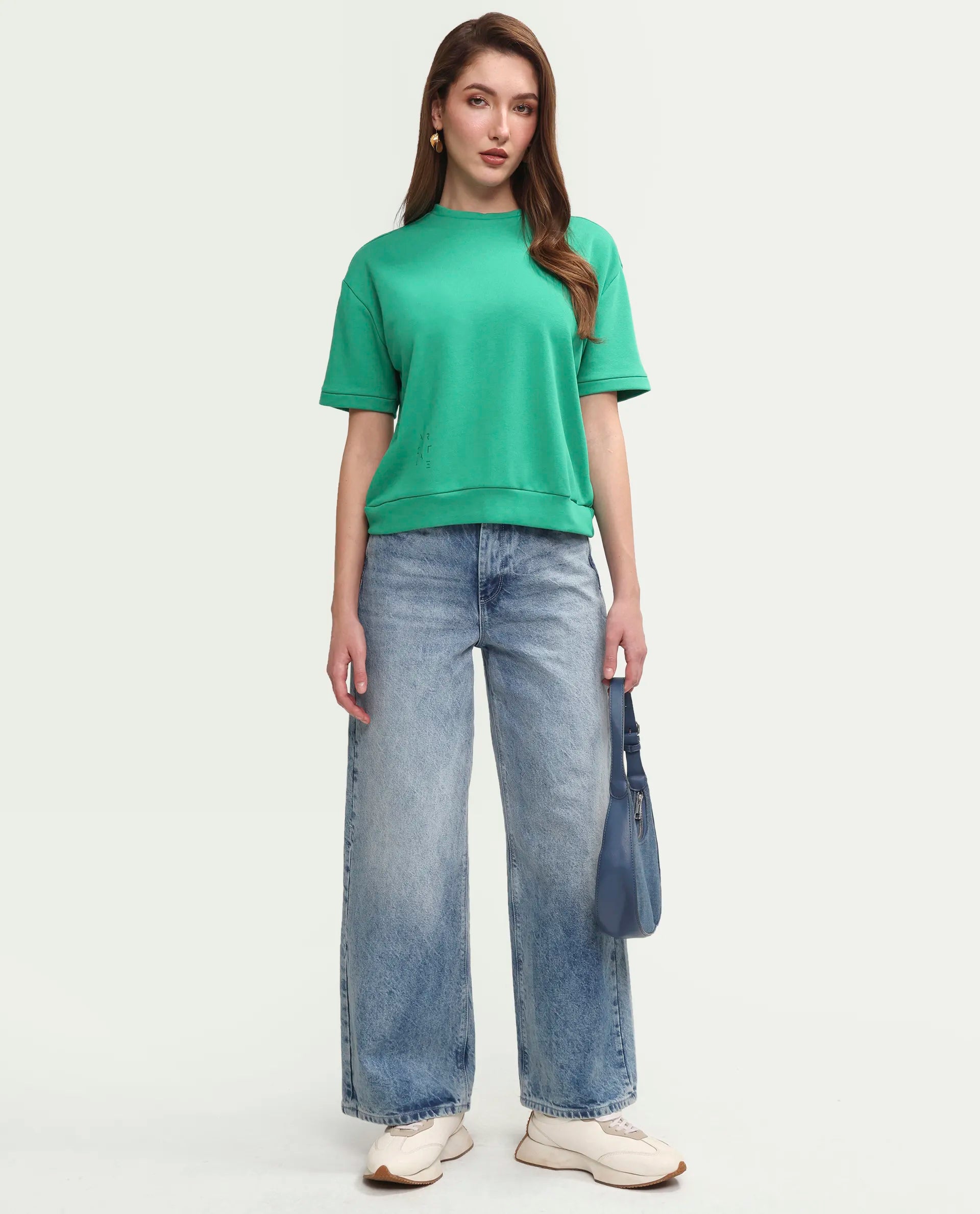 Rareism Women's Medium Weight Terry 290 Gsm Cotton Crew Neck Plain Relaxed Fit Sweat Tee