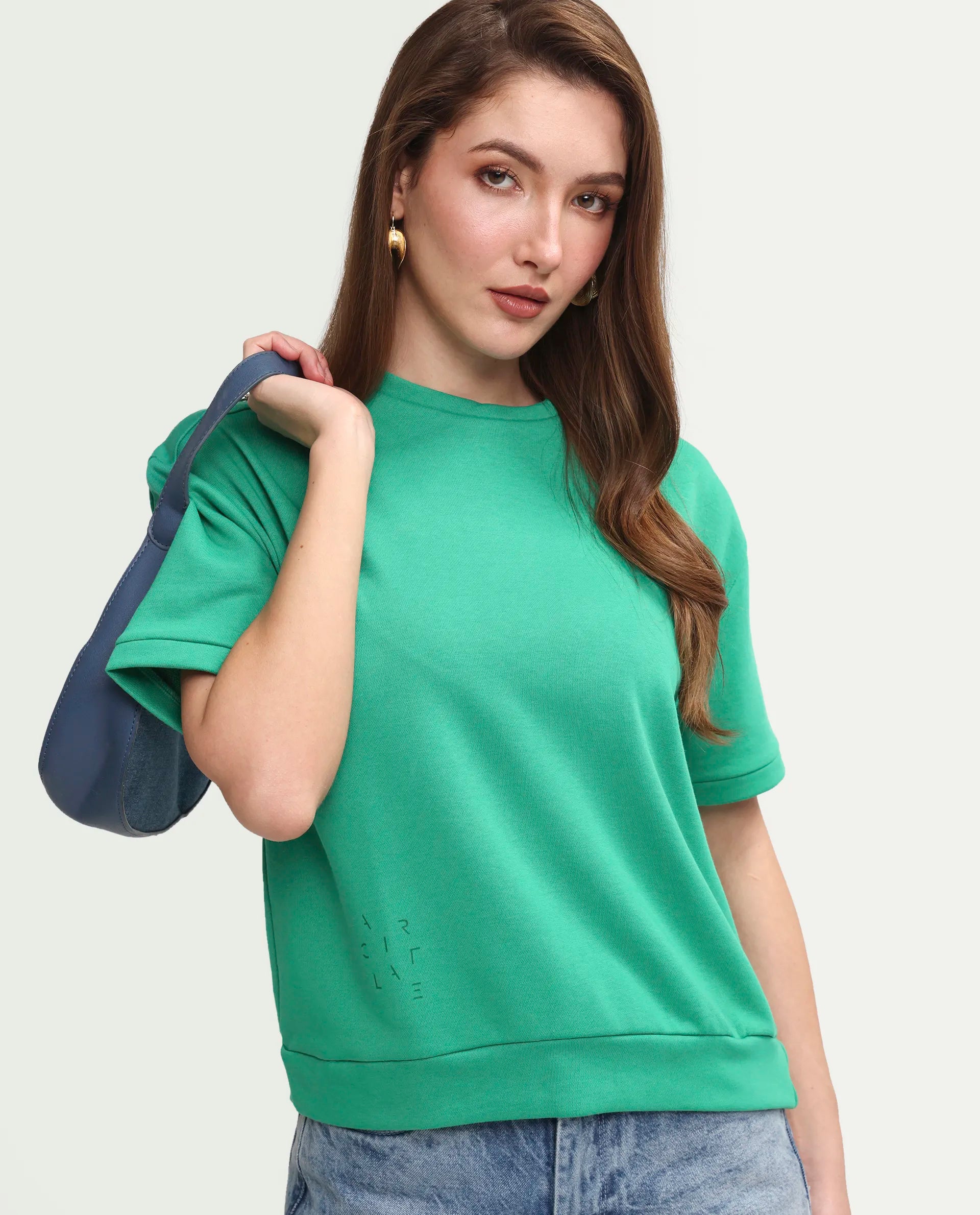 Rareism Women's Medium Weight Terry 290 Gsm Cotton Crew Neck Plain Relaxed Fit Sweat Tee