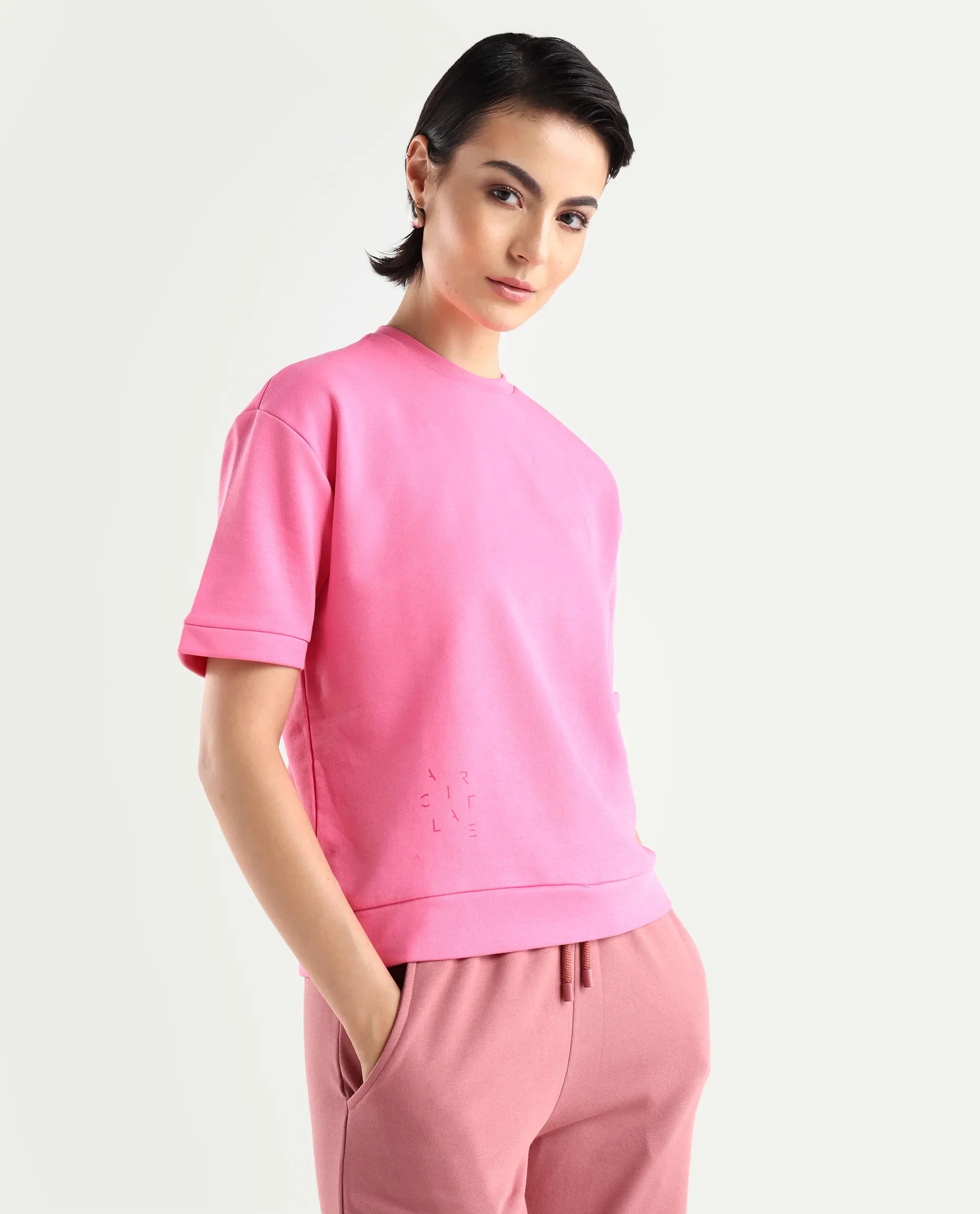 Rareism Women's Medium Weight Terry 290 Gsm Cotton Crew Neck Plain Relaxed Fit Sweat Tee