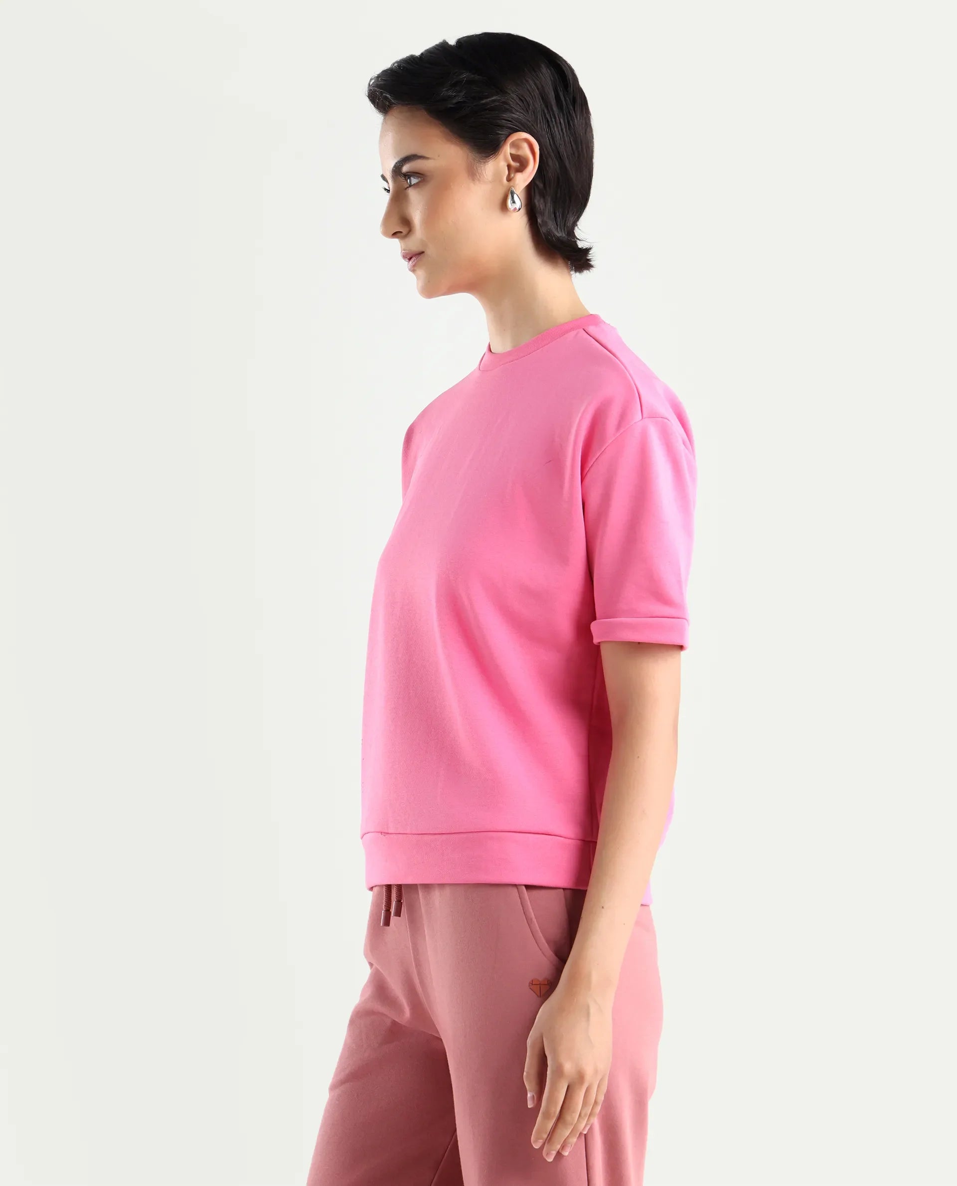 Rareism Women's Medium Weight Terry 290 Gsm Cotton Crew Neck Plain Relaxed Fit Sweat Tee
