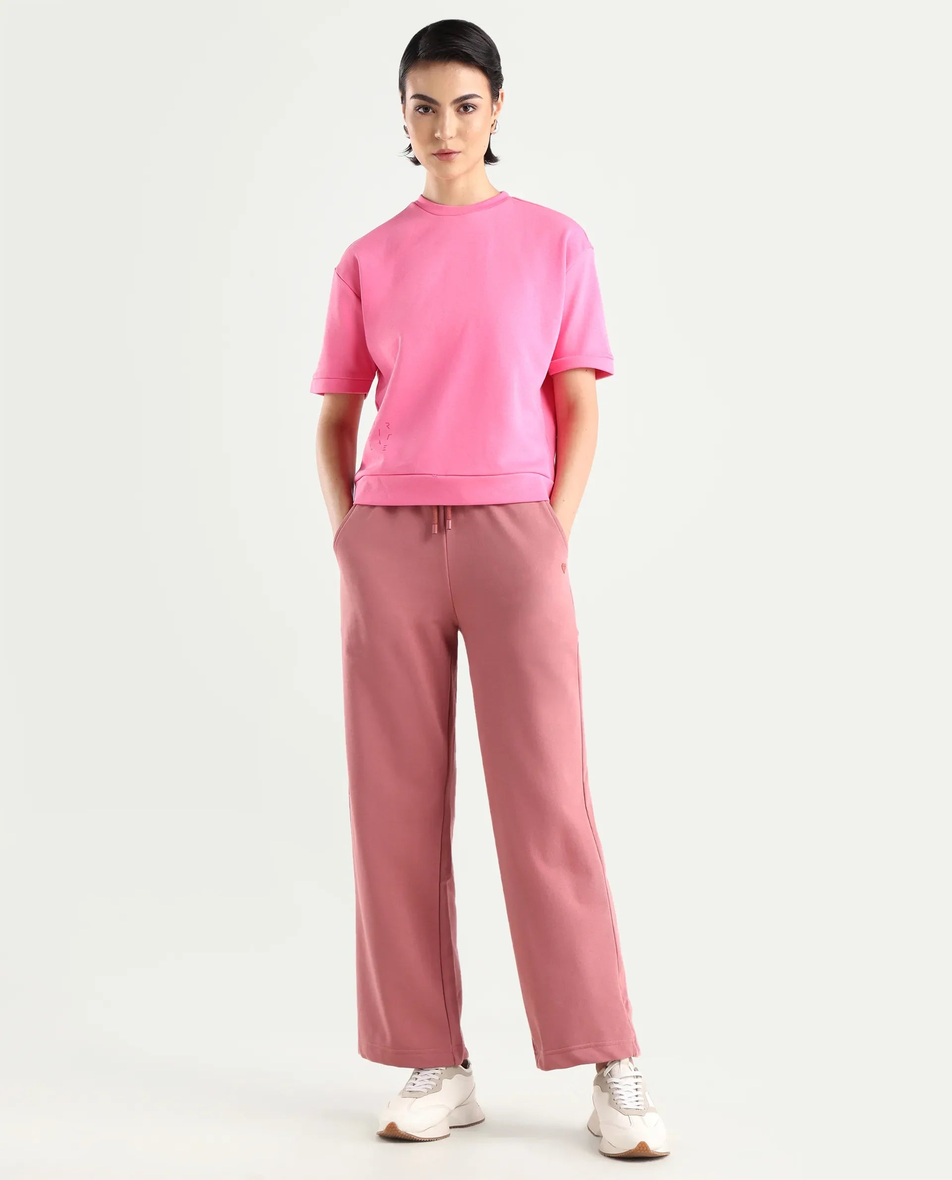 Rareism Women's Medium Weight Terry 290 Gsm Cotton Crew Neck Plain Relaxed Fit Sweat Tee