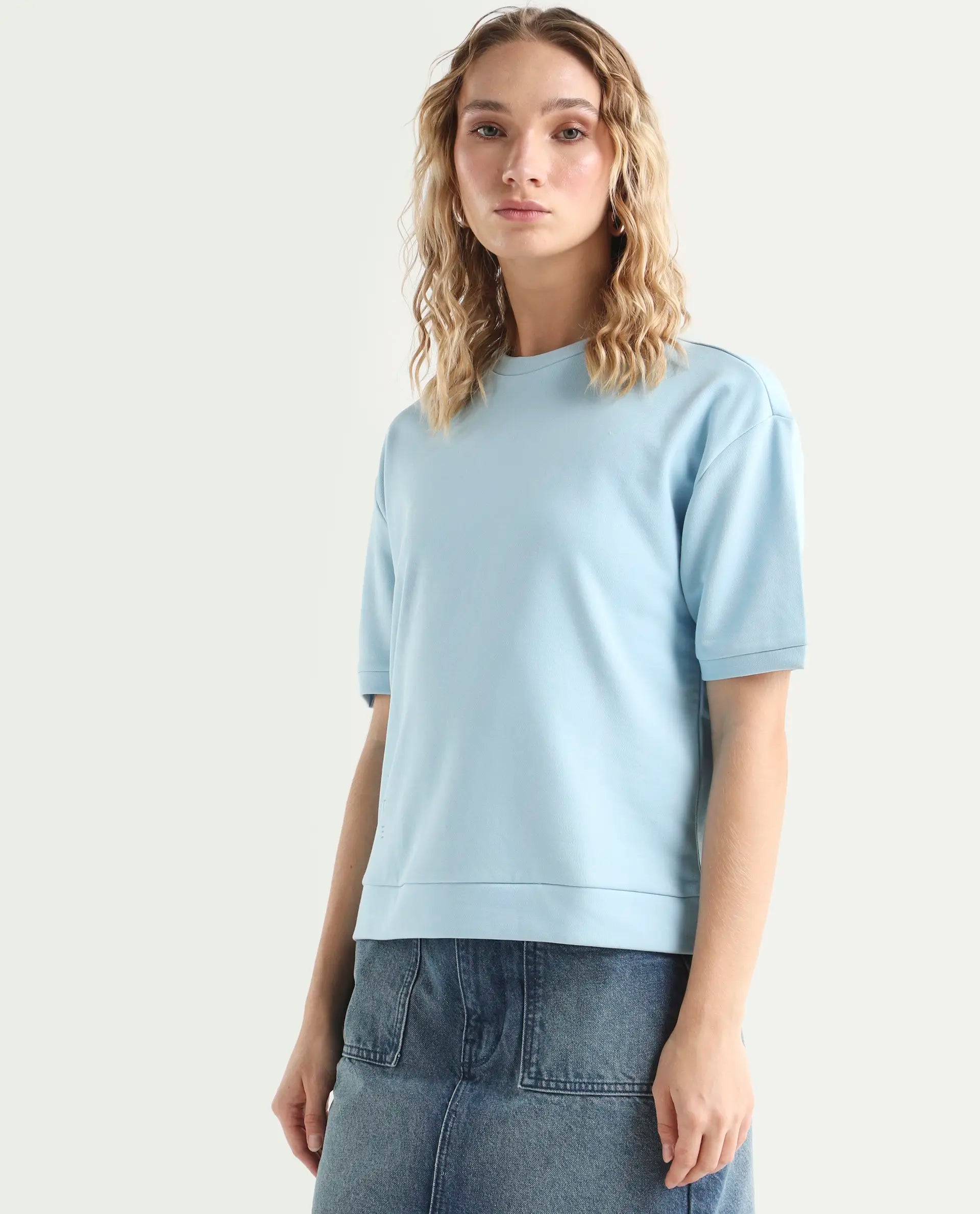 Rareism Women's Medium Weight Terry 290 Gsm Cotton Crew Neck Plain Relaxed Fit Sweat Tee