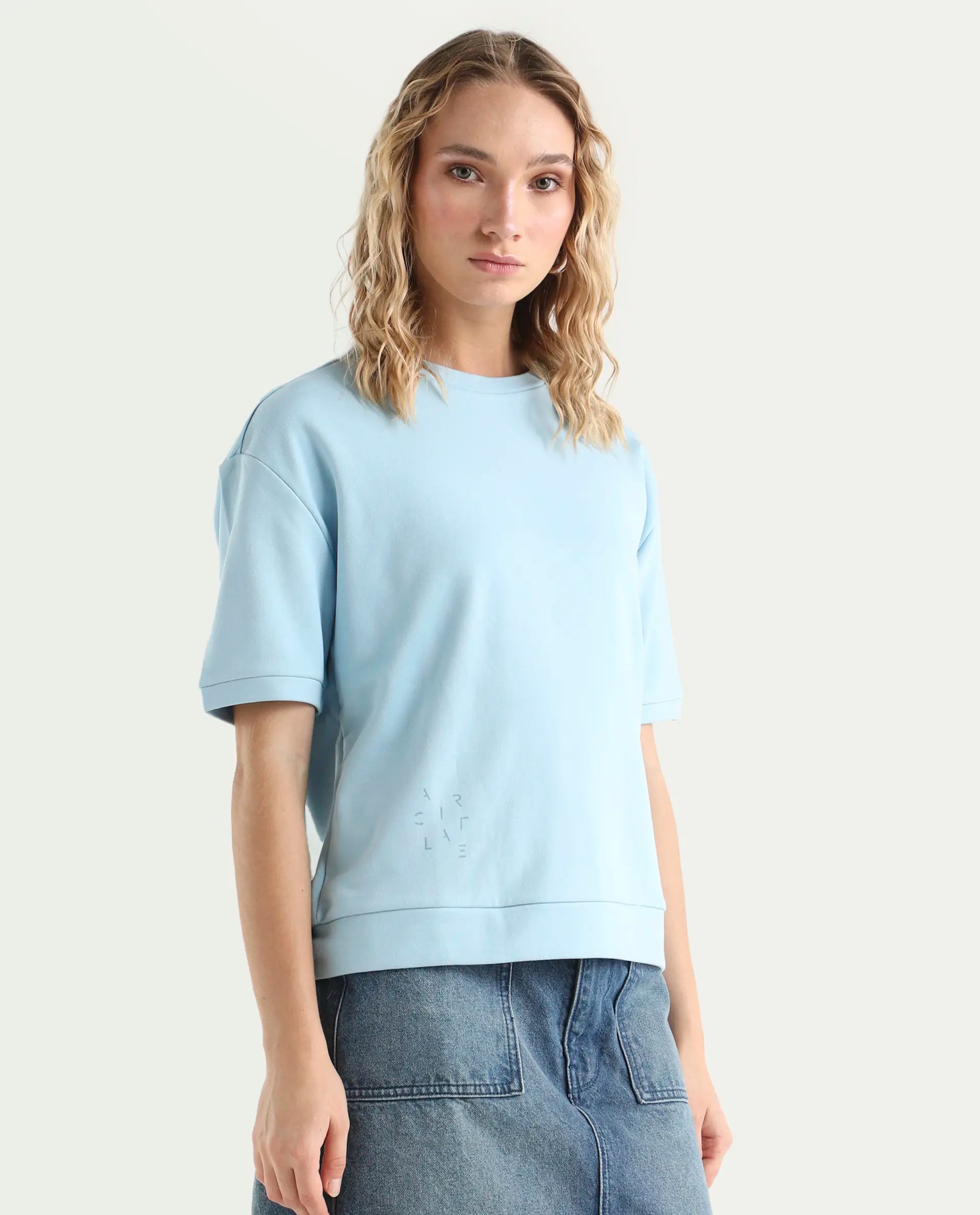 Rareism Women's Medium Weight Terry 290 Gsm Cotton Crew Neck Plain Relaxed Fit Sweat Tee