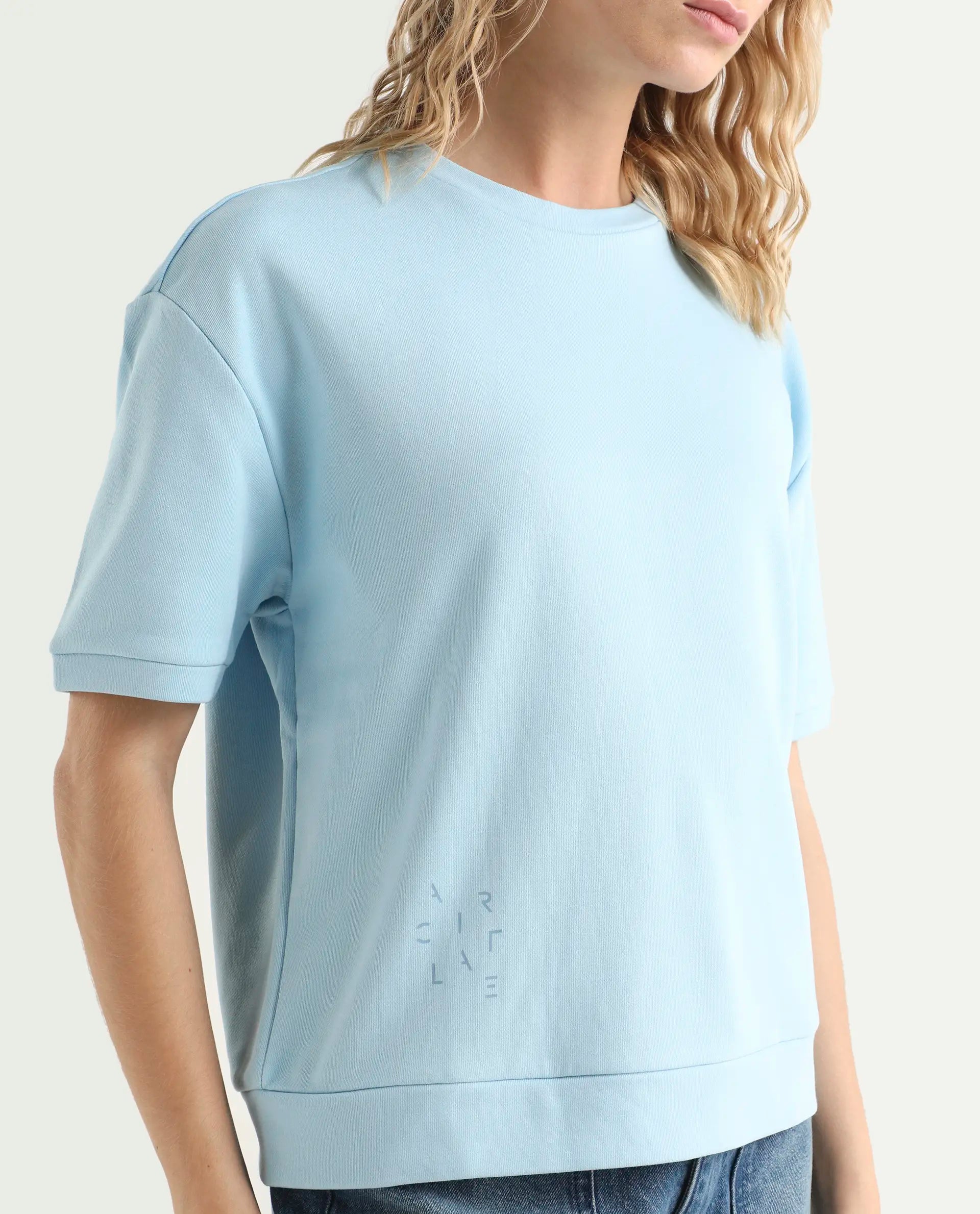 Rareism Women's Medium Weight Terry 290 Gsm Cotton Crew Neck Plain Relaxed Fit Sweat Tee