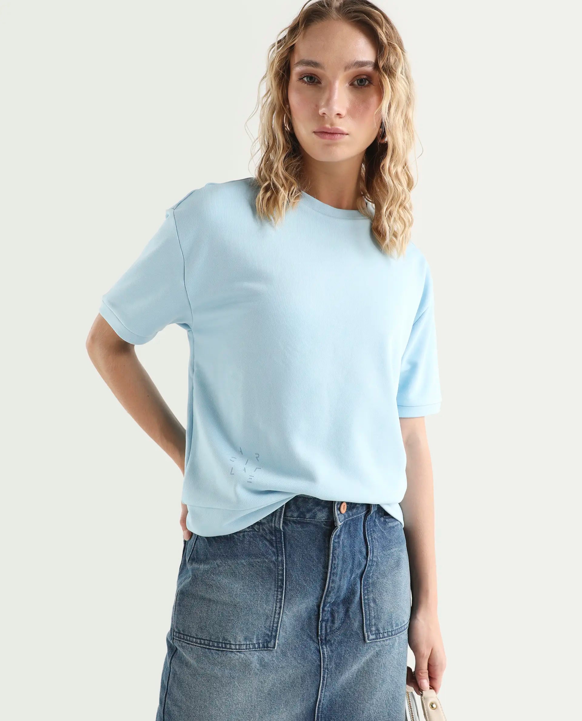 Rareism Women's Medium Weight Terry 290 Gsm Cotton Crew Neck Plain Relaxed Fit Sweat Tee