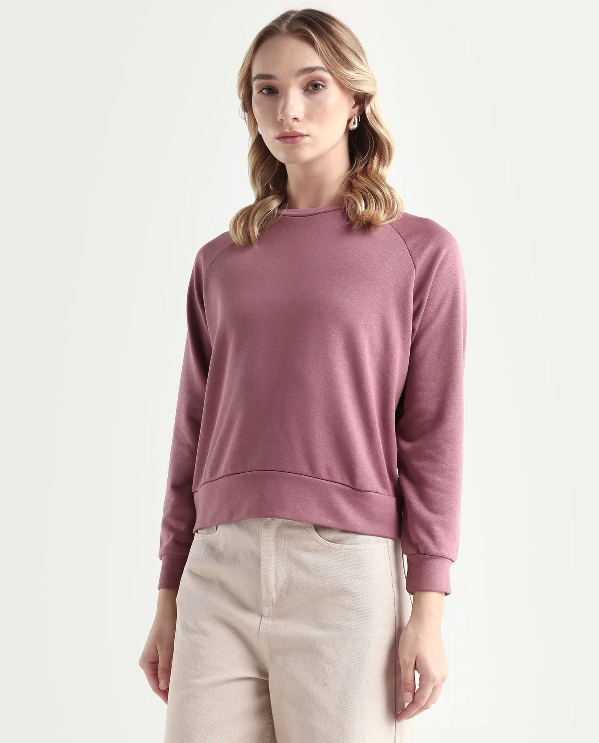 Rareism Women's Medium Weight Terry 290 Gsm Cotton Blend Crew Neck Plain Cuffed Sleeve Relaxed Fit Sweatshirt