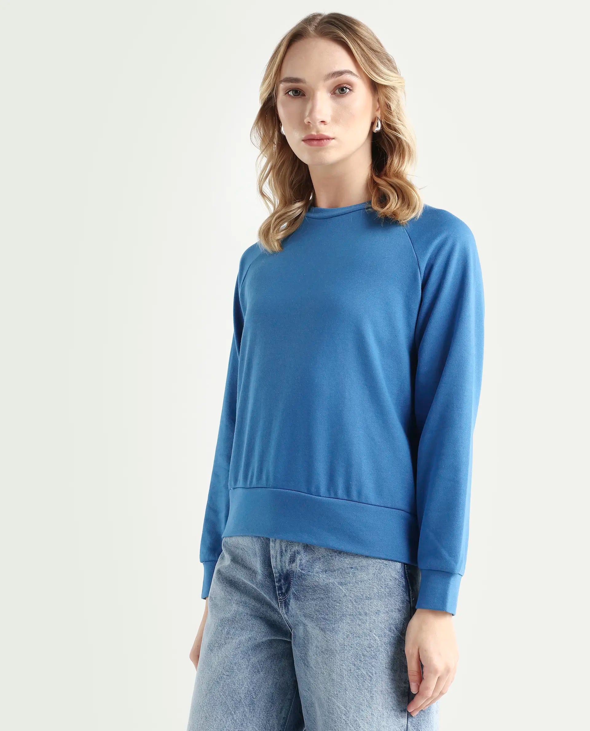 Rareism Women's Medium Weight Terry 290 Gsm Cotton Blend Crew Neck Plain Cuffed Sleeve Relaxed Fit Sweatshirt