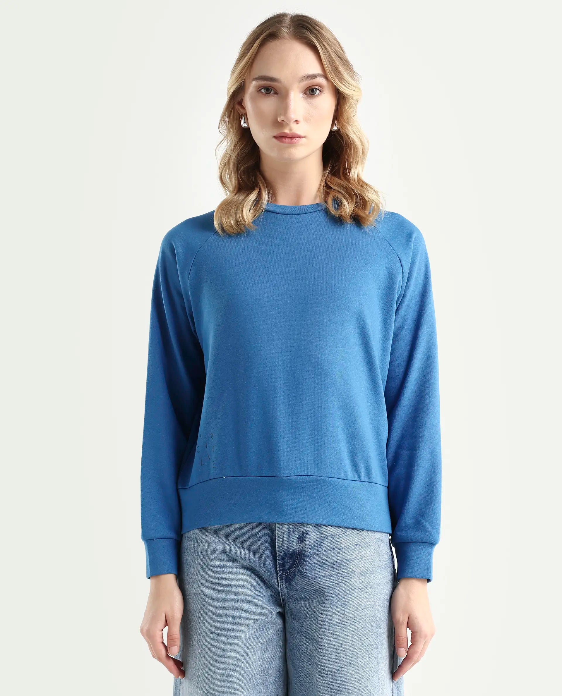 Rareism Women's Medium Weight Terry 290 Gsm Cotton Blend Crew Neck Plain Cuffed Sleeve Relaxed Fit Sweatshirt