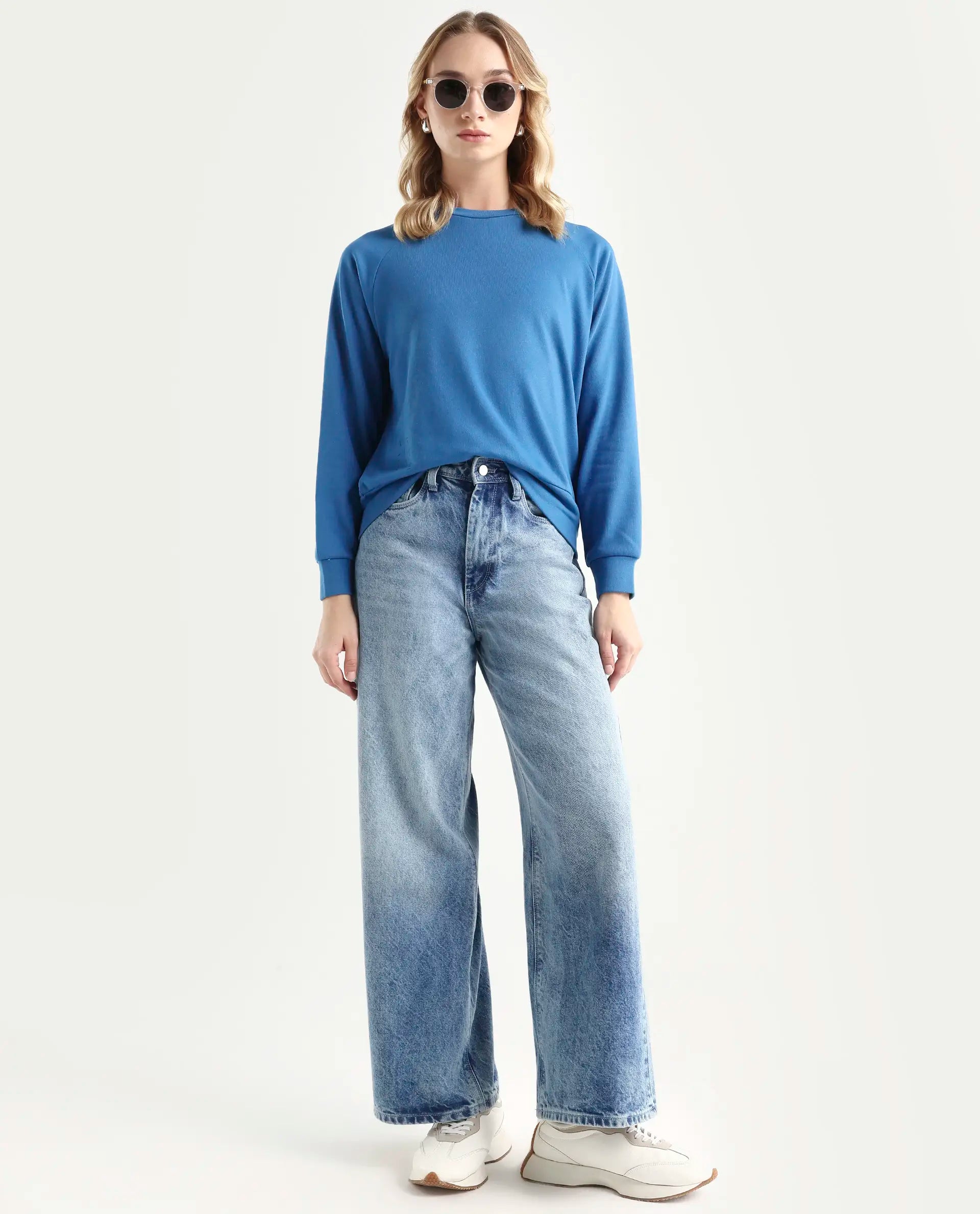 Rareism Women's Medium Weight Terry 290 Gsm Cotton Blend Crew Neck Plain Cuffed Sleeve Relaxed Fit Sweatshirt