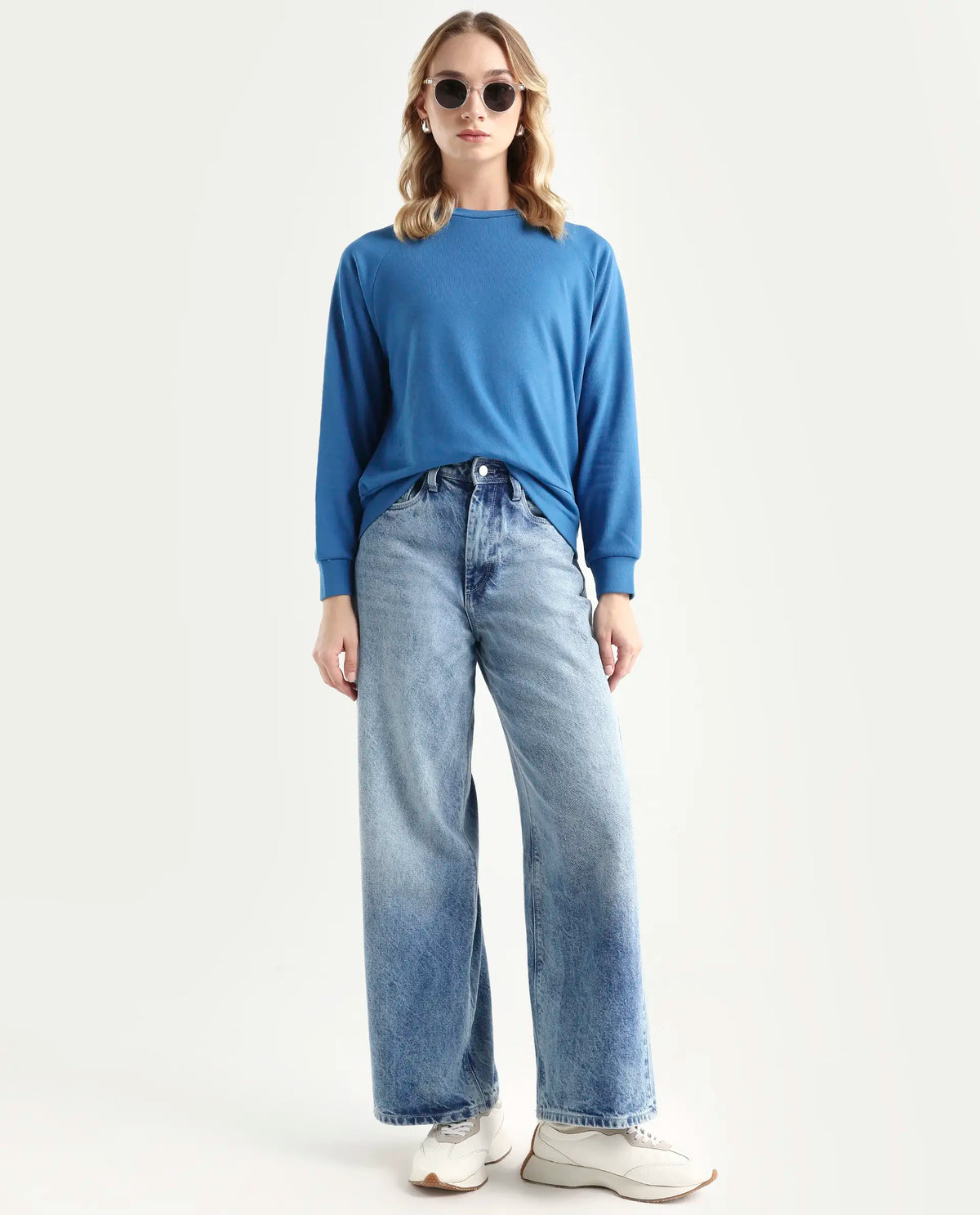 Rareism Women's Medium Weight Terry 290 Gsm Cotton Blend Crew Neck Plain Cuffed Sleeve Relaxed Fit Sweatshirt
