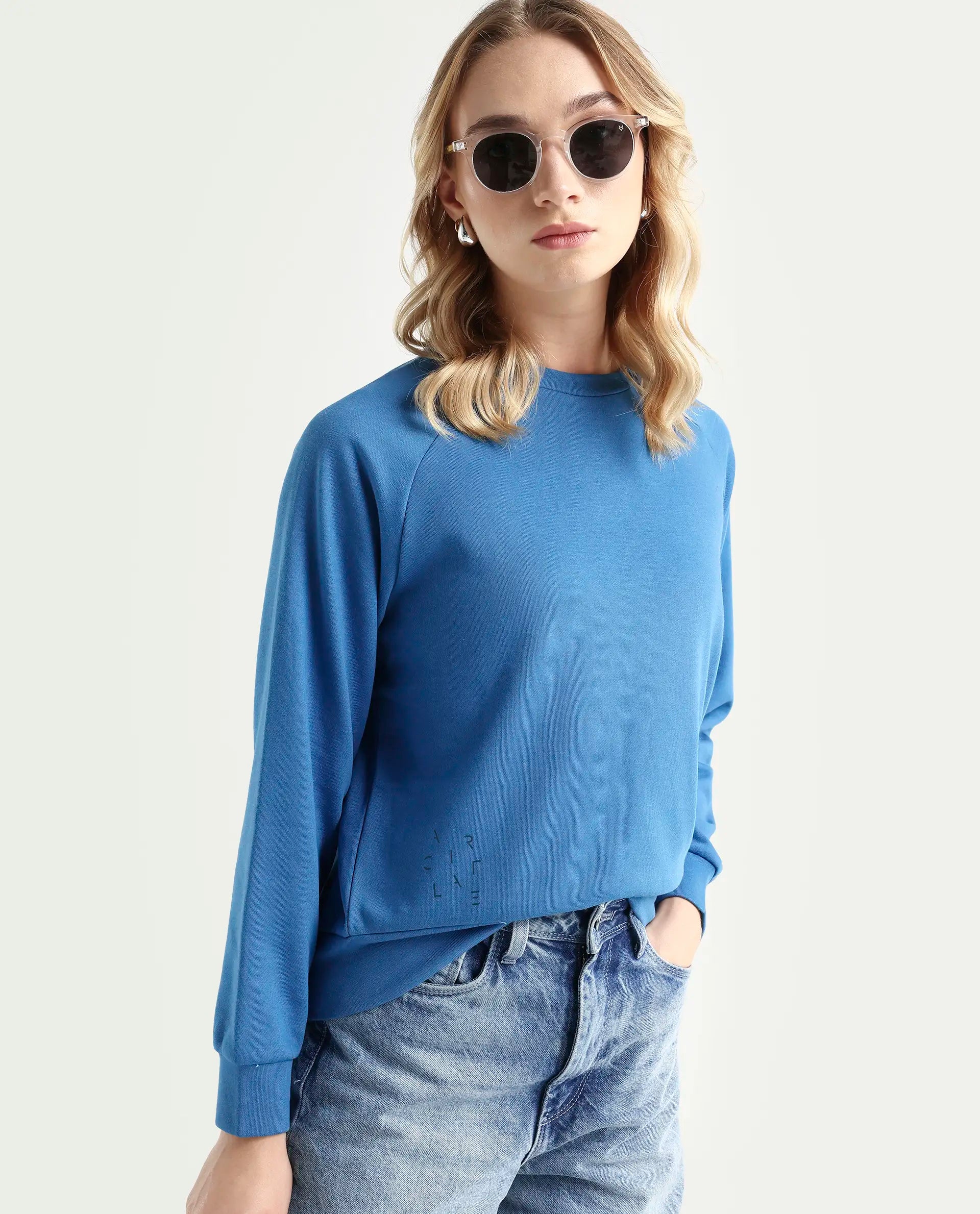 Rareism Women's Medium Weight Terry 290 Gsm Cotton Blend Crew Neck Plain Cuffed Sleeve Relaxed Fit Sweatshirt