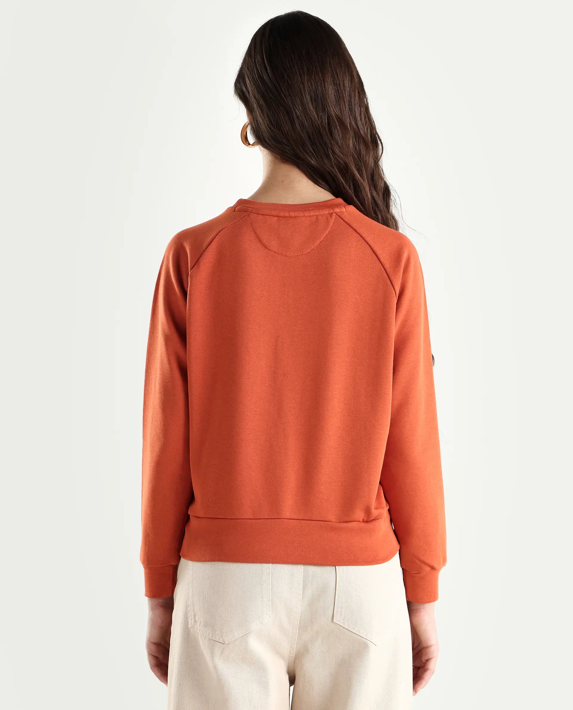 Rareism Women's Medium Weight Terry 290 Gsm Cotton Blend Crew Neck Plain Cuffed Sleeve Relaxed Fit Sweatshirt