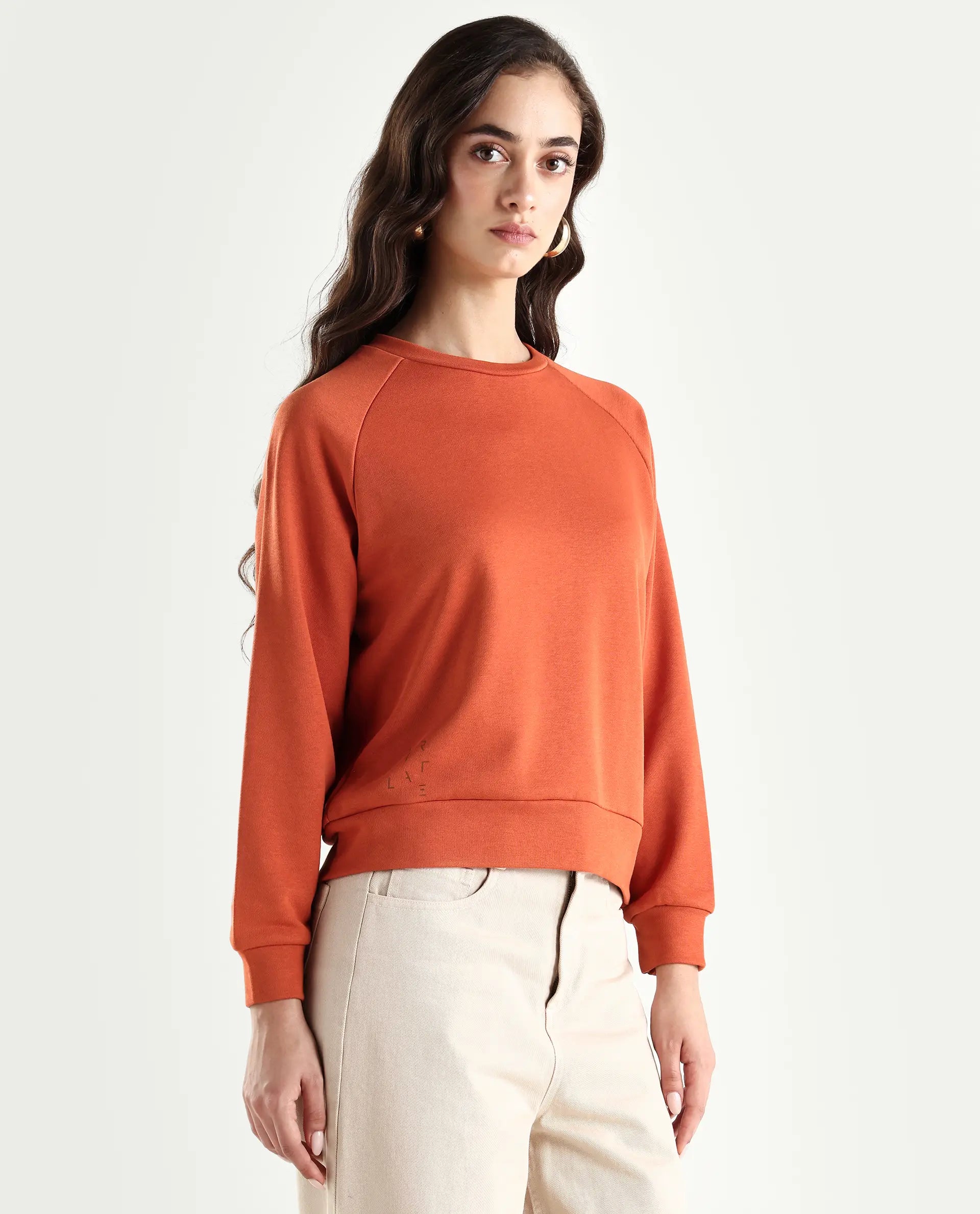 Rareism Women's Medium Weight Terry 290 Gsm Cotton Blend Crew Neck Plain Cuffed Sleeve Relaxed Fit Sweatshirt