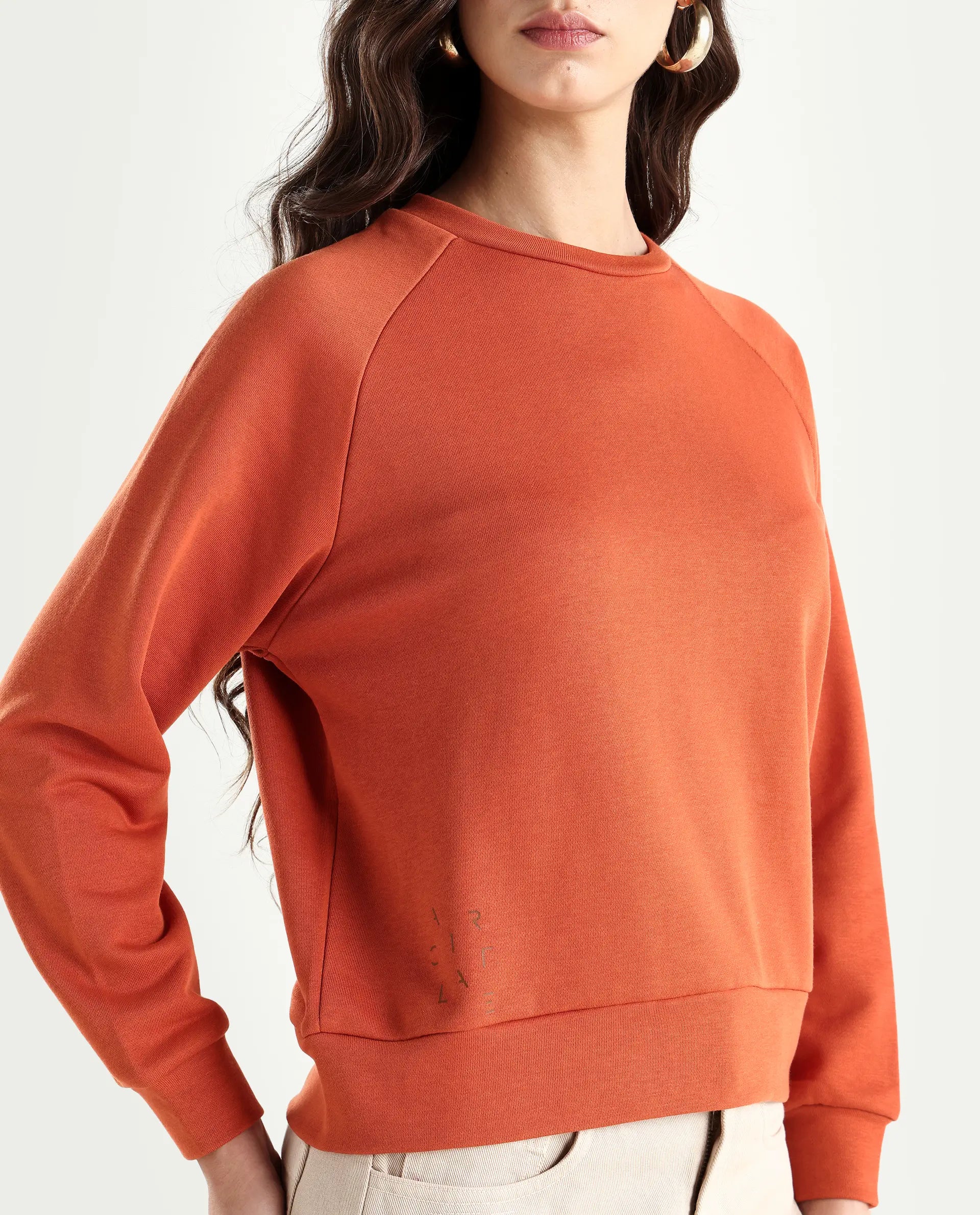 Rareism Women's Medium Weight Terry 290 Gsm Cotton Blend Crew Neck Plain Cuffed Sleeve Relaxed Fit Sweatshirt