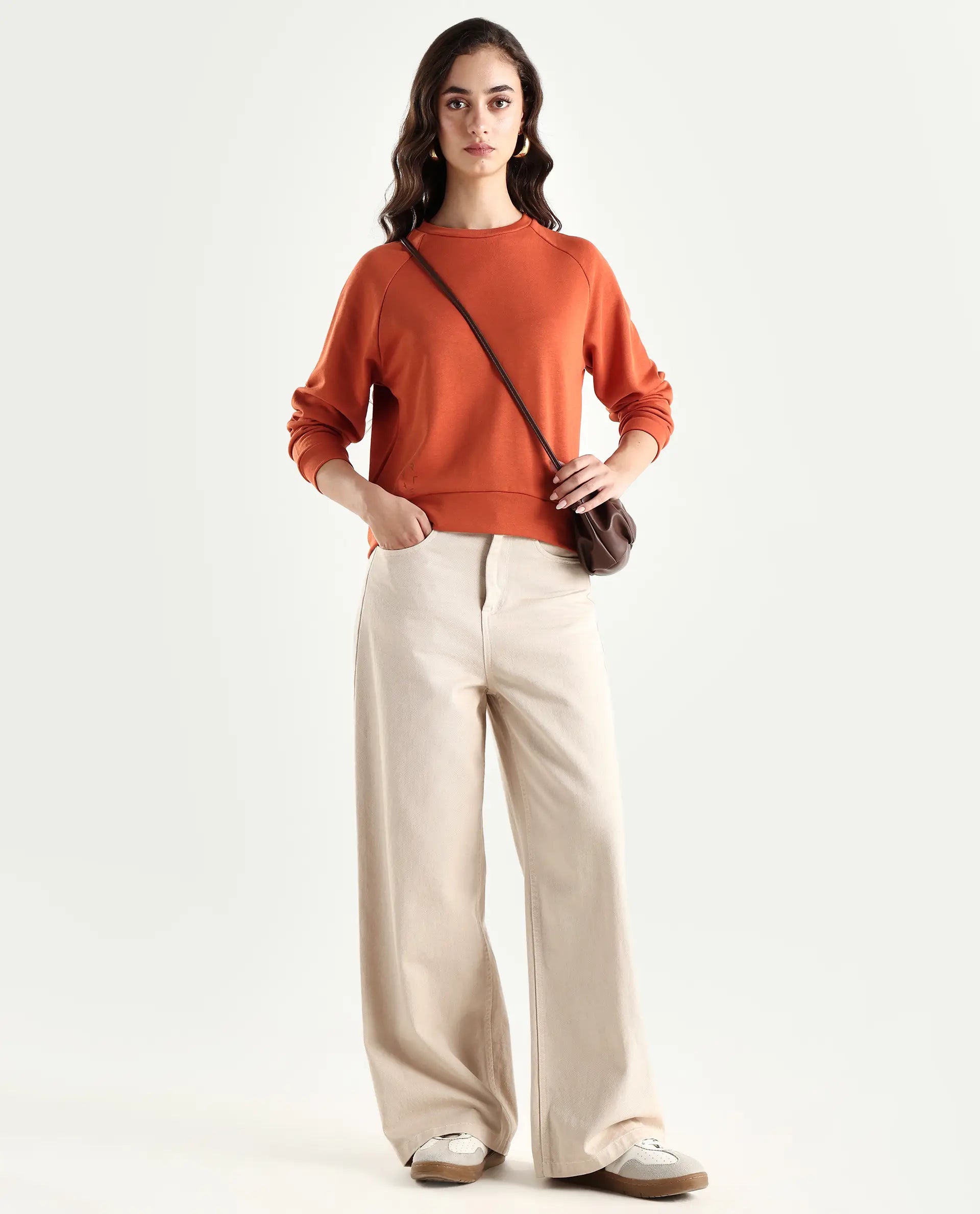 Rareism Women's Medium Weight Terry 290 Gsm Cotton Blend Crew Neck Plain Cuffed Sleeve Relaxed Fit Sweatshirt