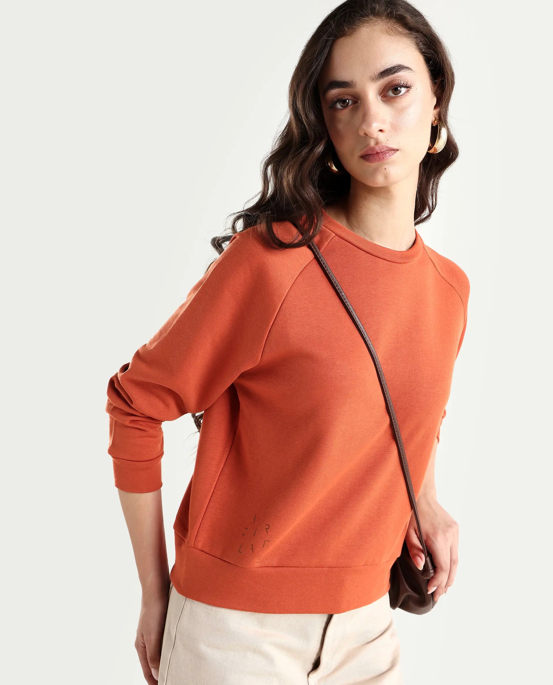 Rareism Women's Medium Weight Terry 290 Gsm Cotton Blend Crew Neck Plain Cuffed Sleeve Relaxed Fit Sweatshirt