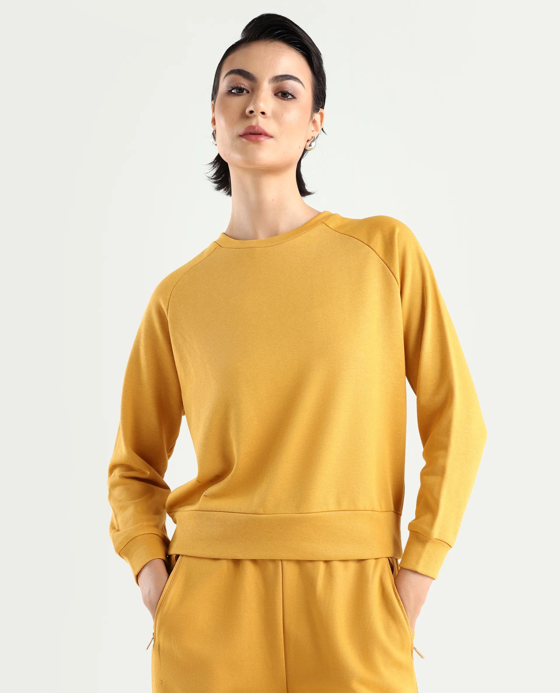 Rareism Women's Medium Weight Terry 290 Gsm Cotton Blend Crew Neck Plain Cuffed Sleeve Relaxed Fit Sweatshirt