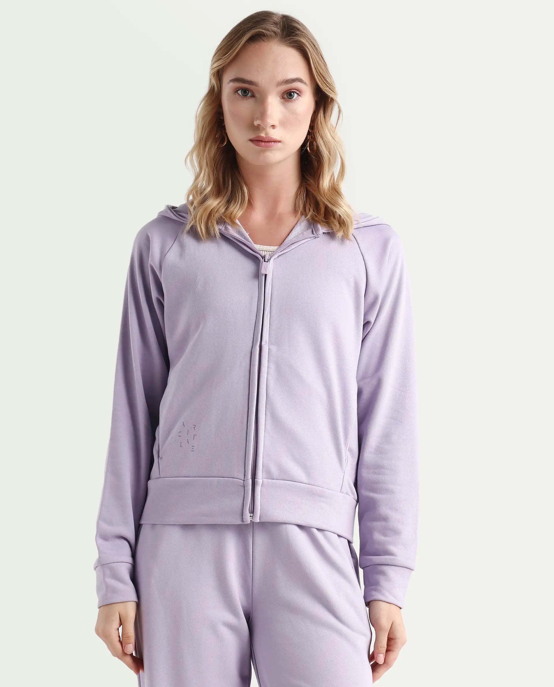 Rareism Women's Medium Weight Terry 290 Gsm Cotton Blend Hooded Plain Regular Fit Jacket