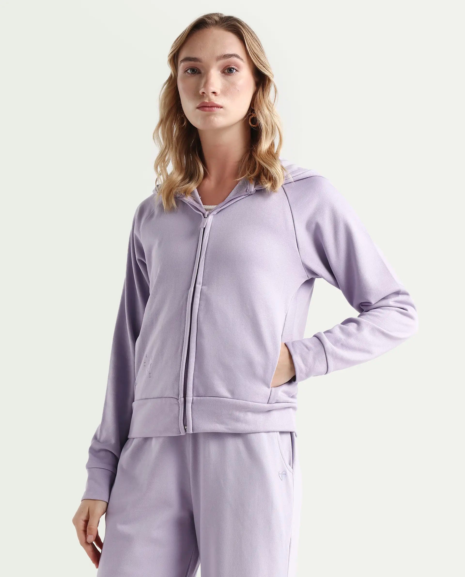 Rareism Women's Medium Weight Terry 290 Gsm Cotton Blend Hooded Plain Regular Fit Jacket