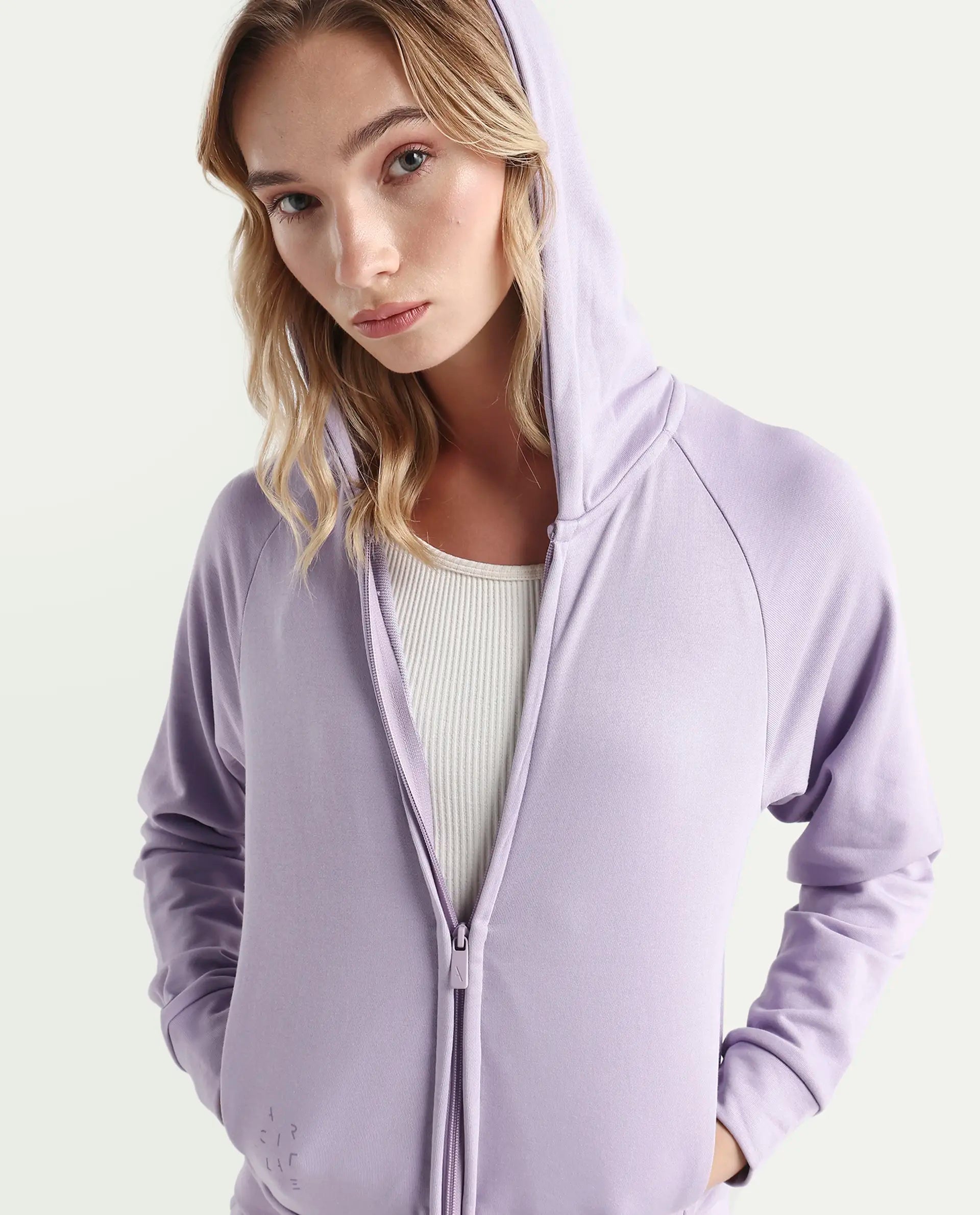 Rareism Women's Medium Weight Terry 290 Gsm Cotton Blend Hooded Plain Regular Fit Jacket