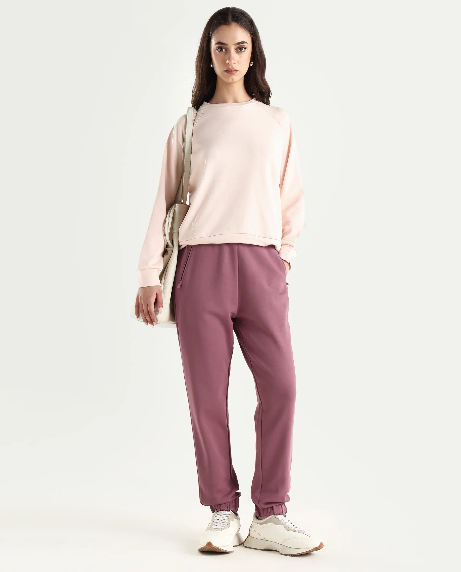 Rareism Women's Heavy Weight Interlock 340 Gsm Cotton Blend Plain Ankle Length Relaxed Fit Track Pant